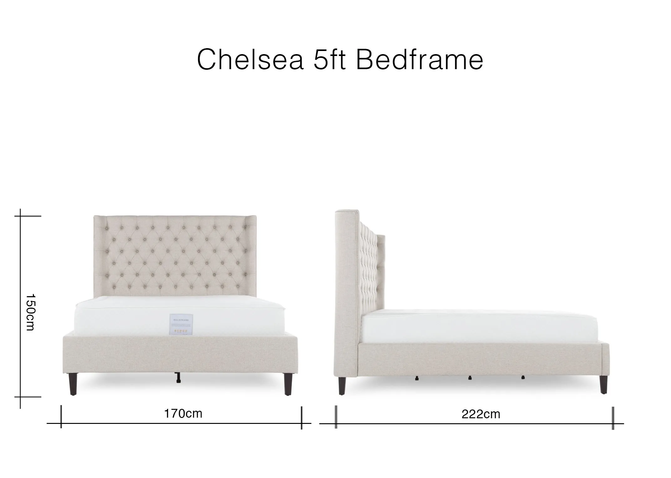 A dimension image for the 5 ft beige fabric Chelsea bedframe 150cm (Height) x 170cm (Width) x 222cm (Depth)