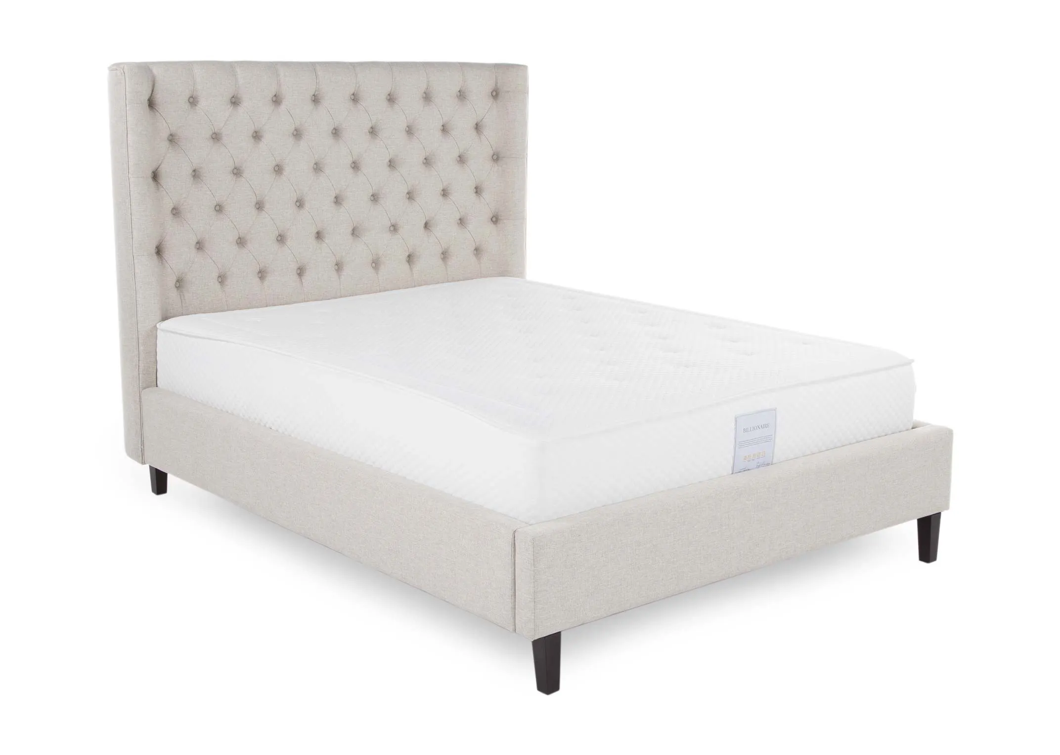 A power shot image of the 6 ft beige fabric Chelsea bedframe