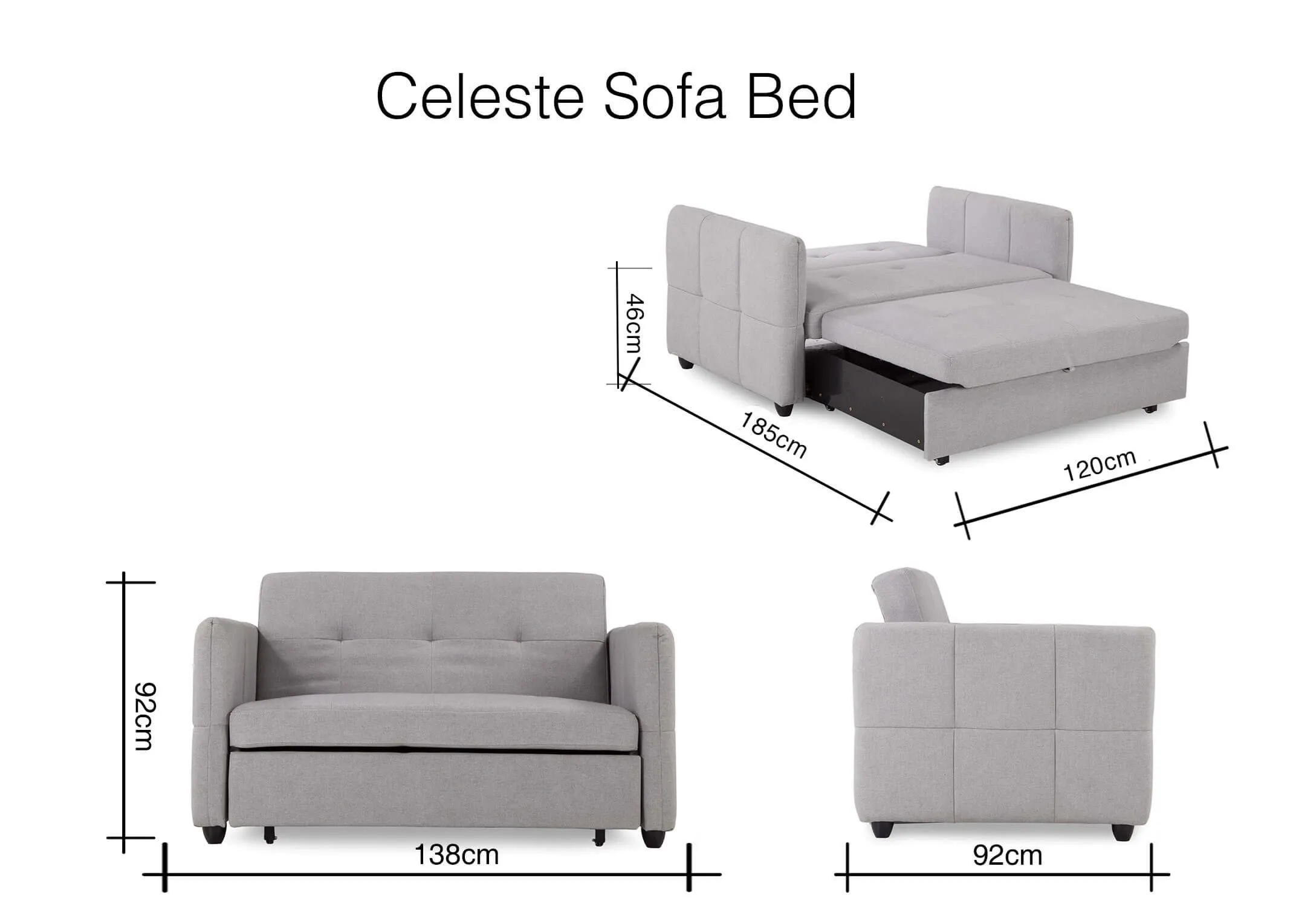 A dimension image of the Celeste 3 seater sofabed 92cm (Height) x 138cm / 118cm (Width) x 92cm / 157cm (Depth)