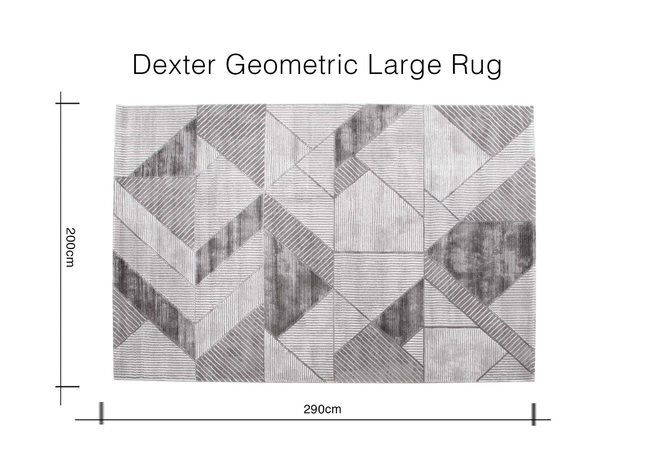 A dimension image for the medium geometric grey Dexter rug 200cm (Width) x 290cm (Length)