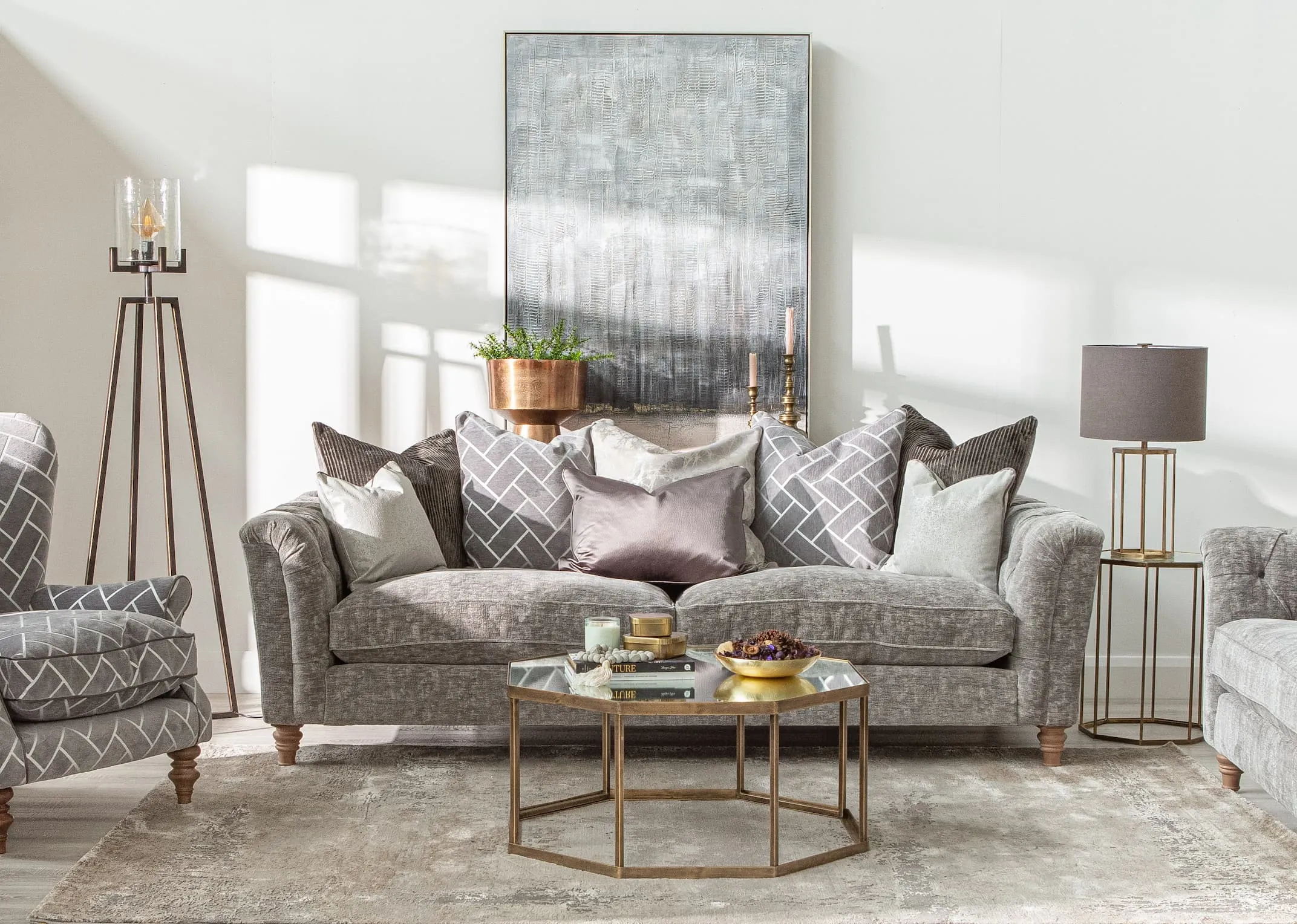 A distressed grey rug with ombre shapes from EZ Livings Kylo range. Closeup window on fabric and texture