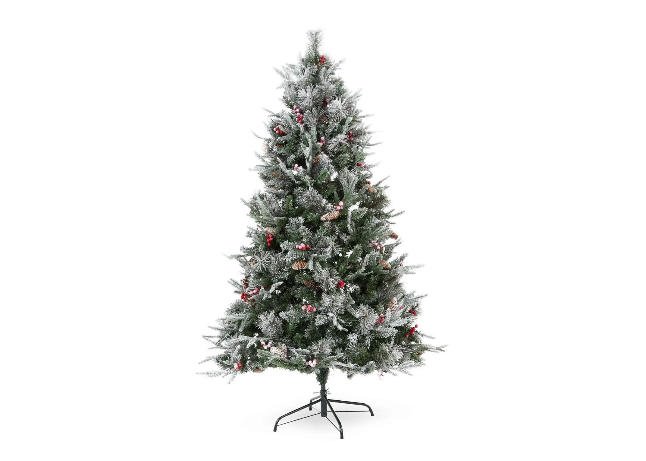 A lifestyle image of the Vermont white Christmas tree with red baubles in a polygon dining room.