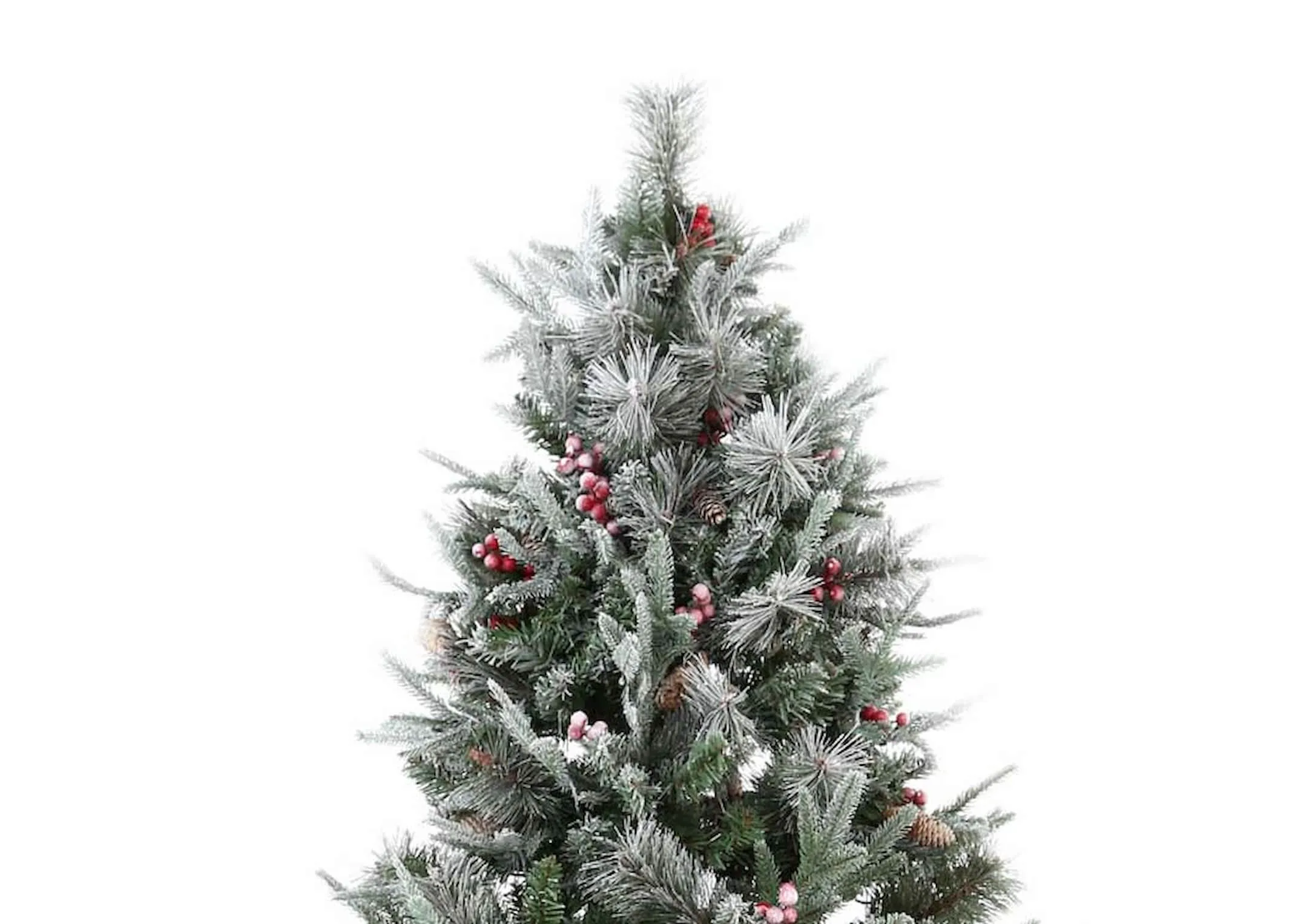 An 8ft pre-lit Christmas tree with snow branches from EZ Living Furniture's Vermont range. View of tree's snowy crown