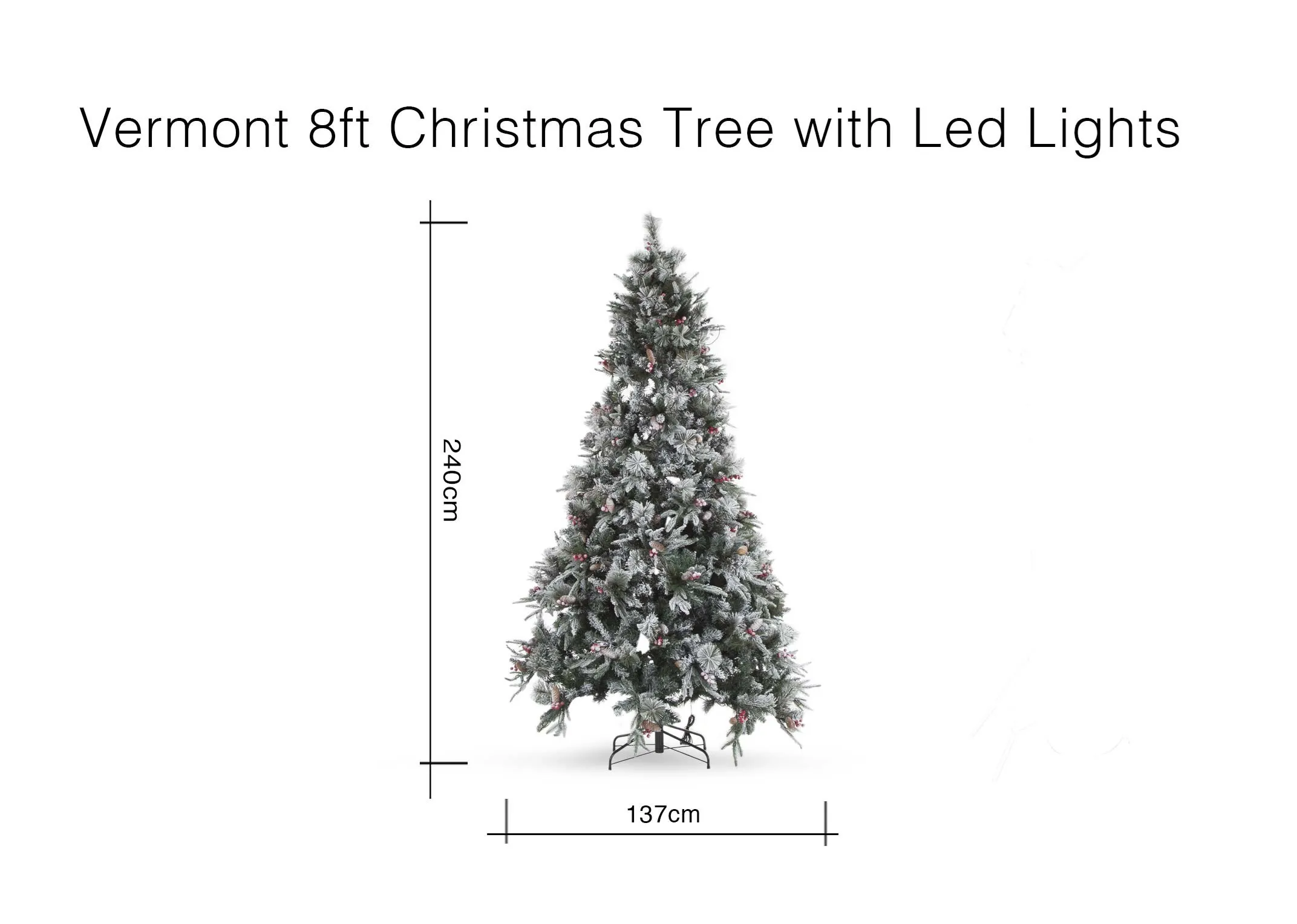 A dimension image of the 8ft Snow Christmas Tree with LED Lights - Vermont 240cm (Height) x 137cm (Width)