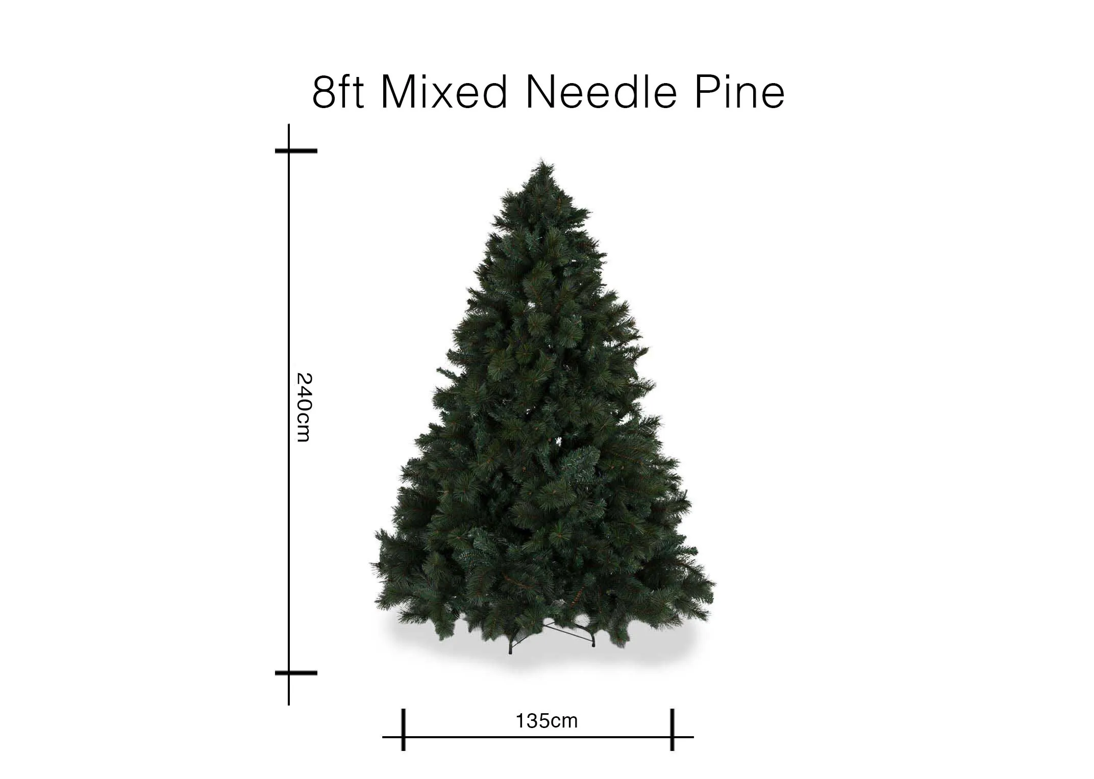 A dimension image for the 8ft mixed needle Christmas tree 240cm (Heigth) x 135cm (Width)