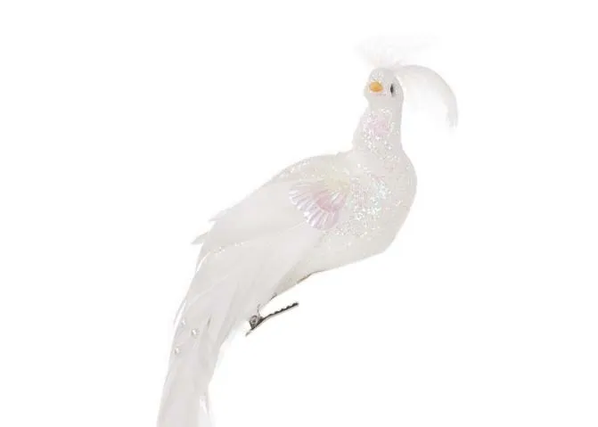White Bird Christmas Decoration closeup image of the bird showing sequin and feather detail 