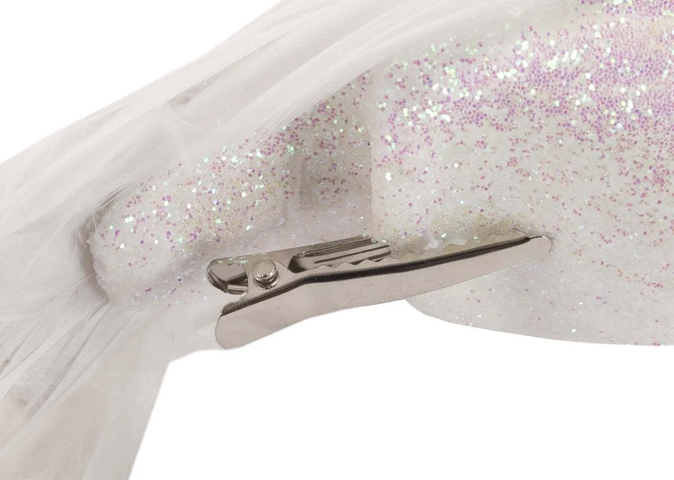 White Bird Christmas Decoration closeup image of the clip on base