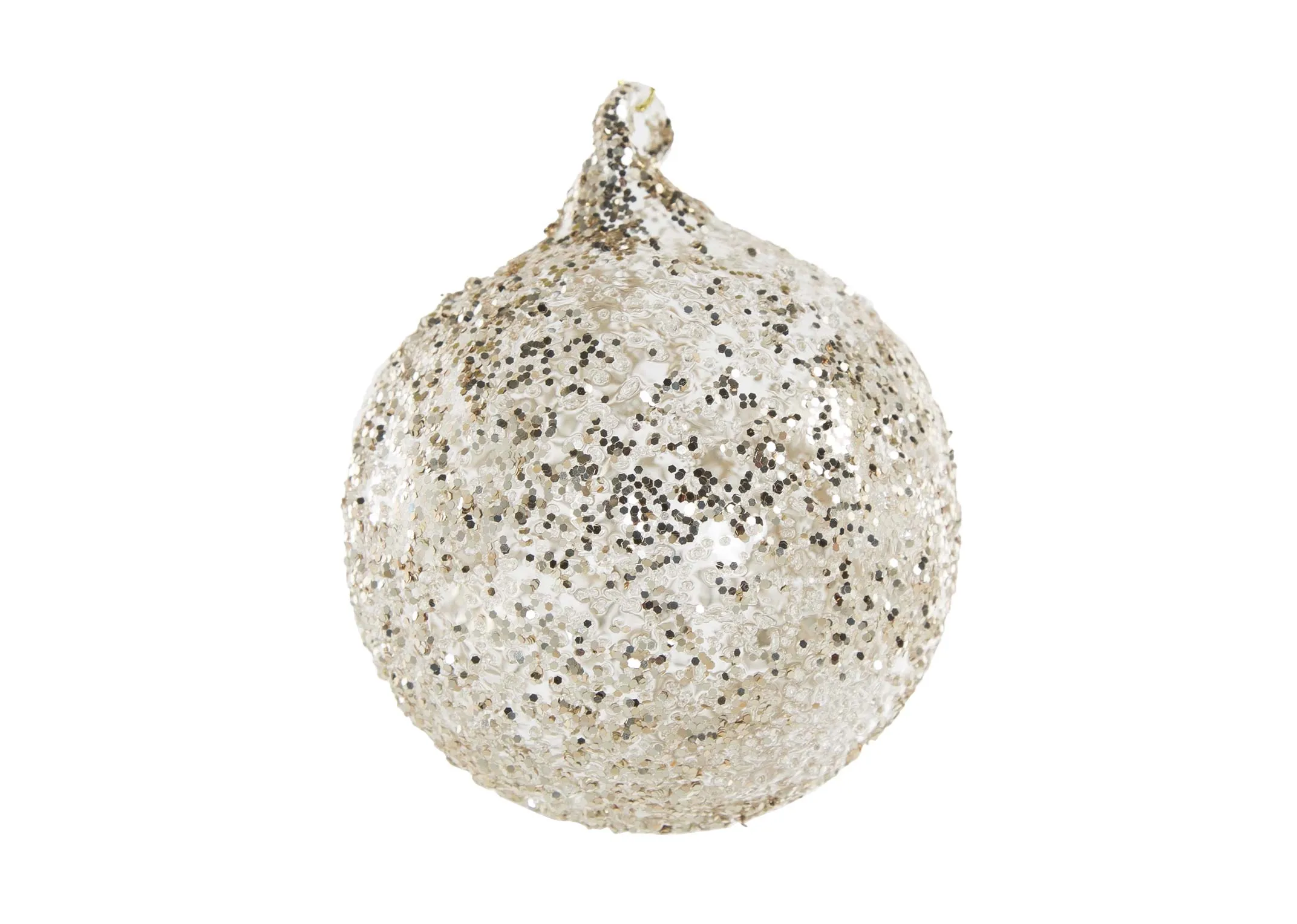 A gold glass bauble covered in glitter from EZ Living Furniture's Christmas range. Front view of bauble