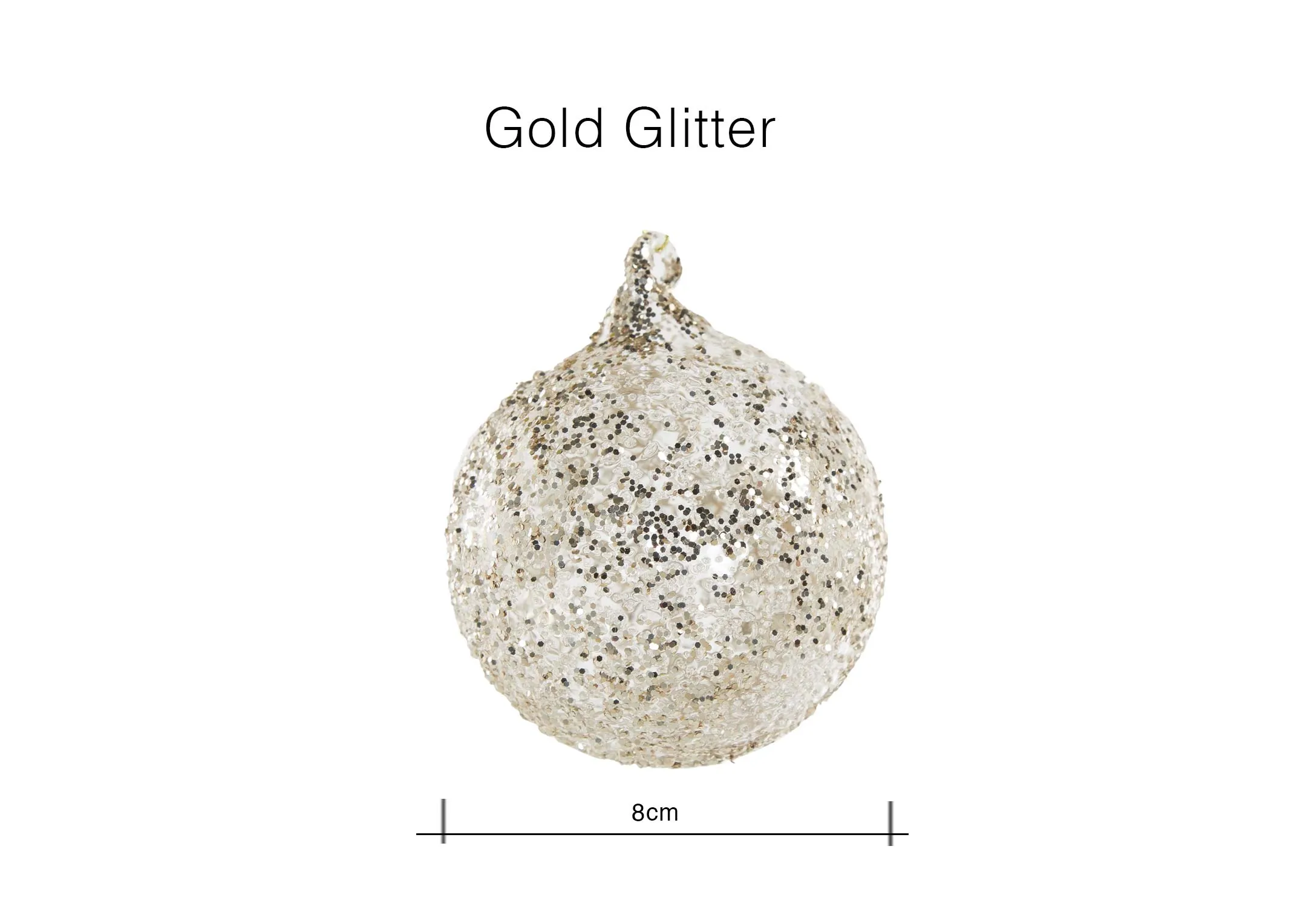 A dimension image of the Gold Glitter bauble with 8cm (Width)