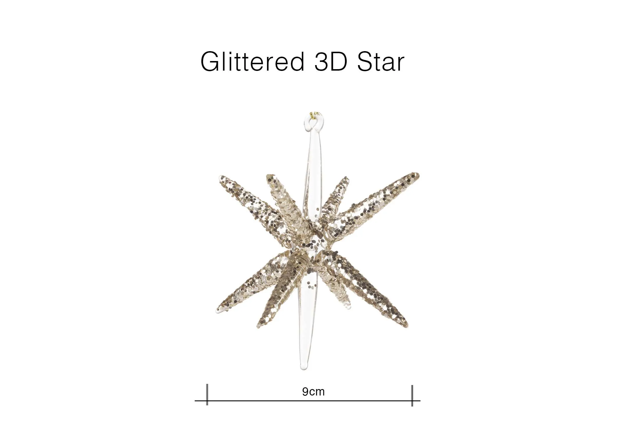 A dimension image of the Glittered 3D Star Christmas Decoration showing 9cm (Width)