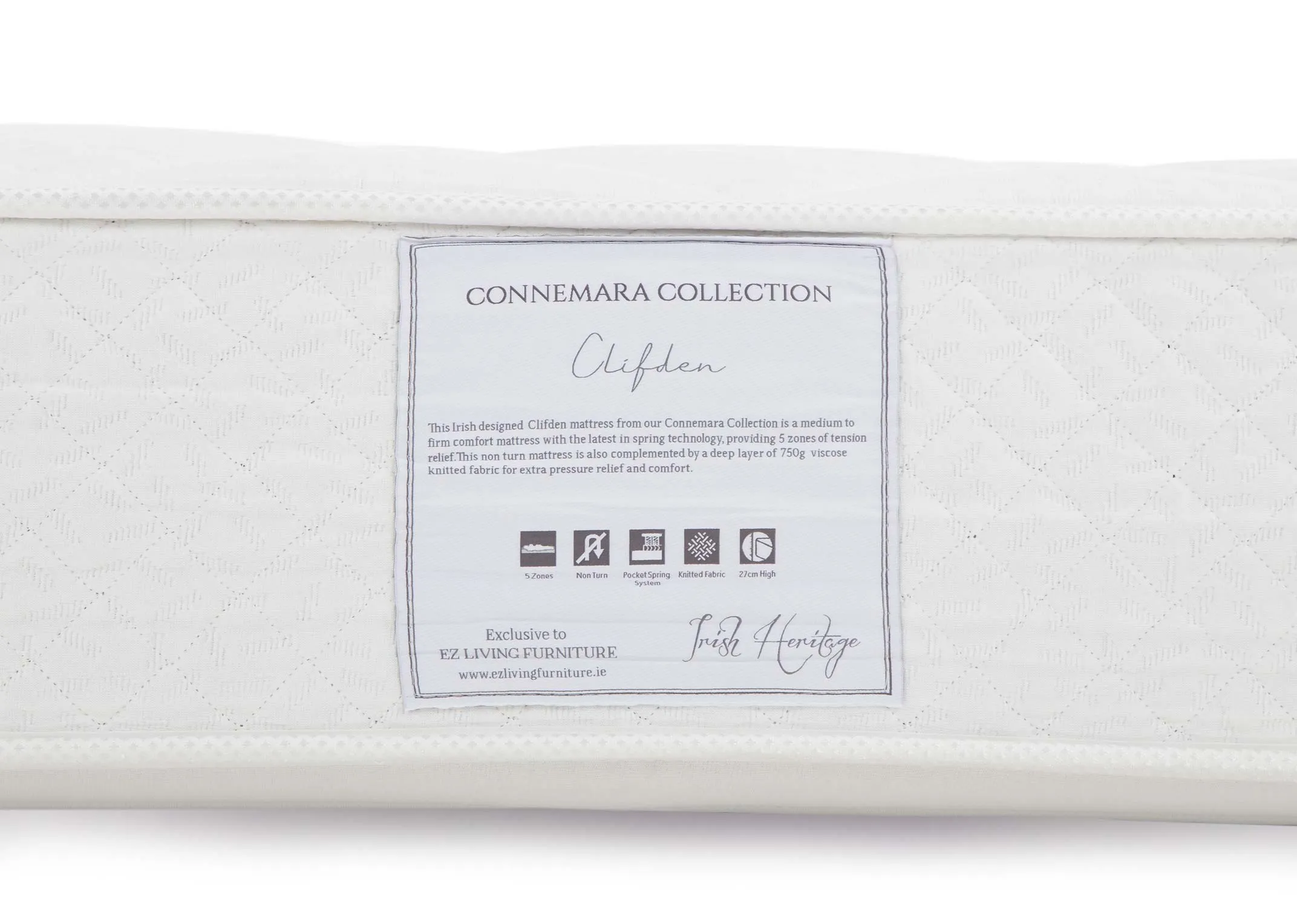 New Clifden Firm Roll Up Super King Size Mattress in a closeup image showing the mattress branding