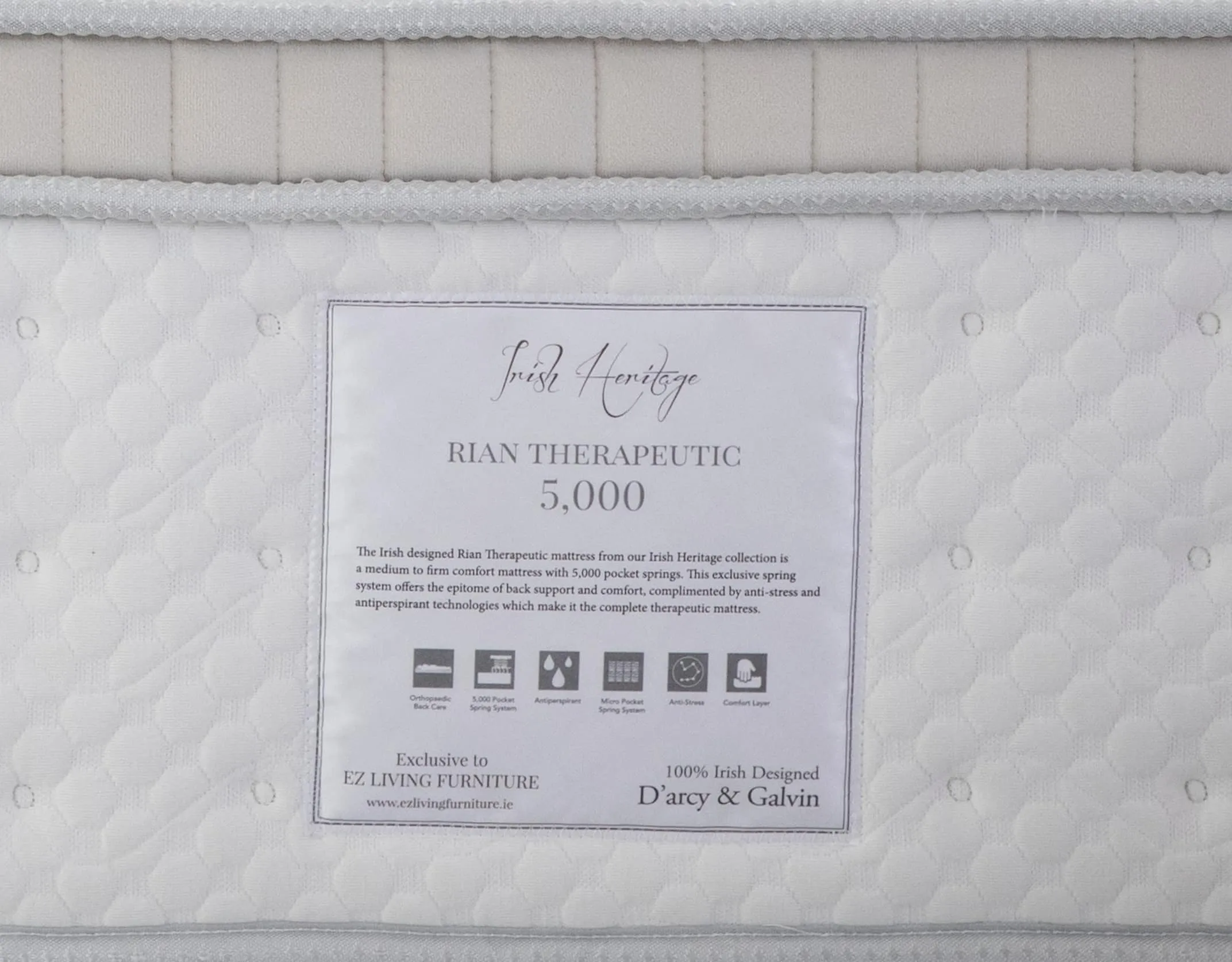 A Double 4ft6 pocket spring mattress from the Rian Therapeutic range. Closeup of mattress brand & specs
