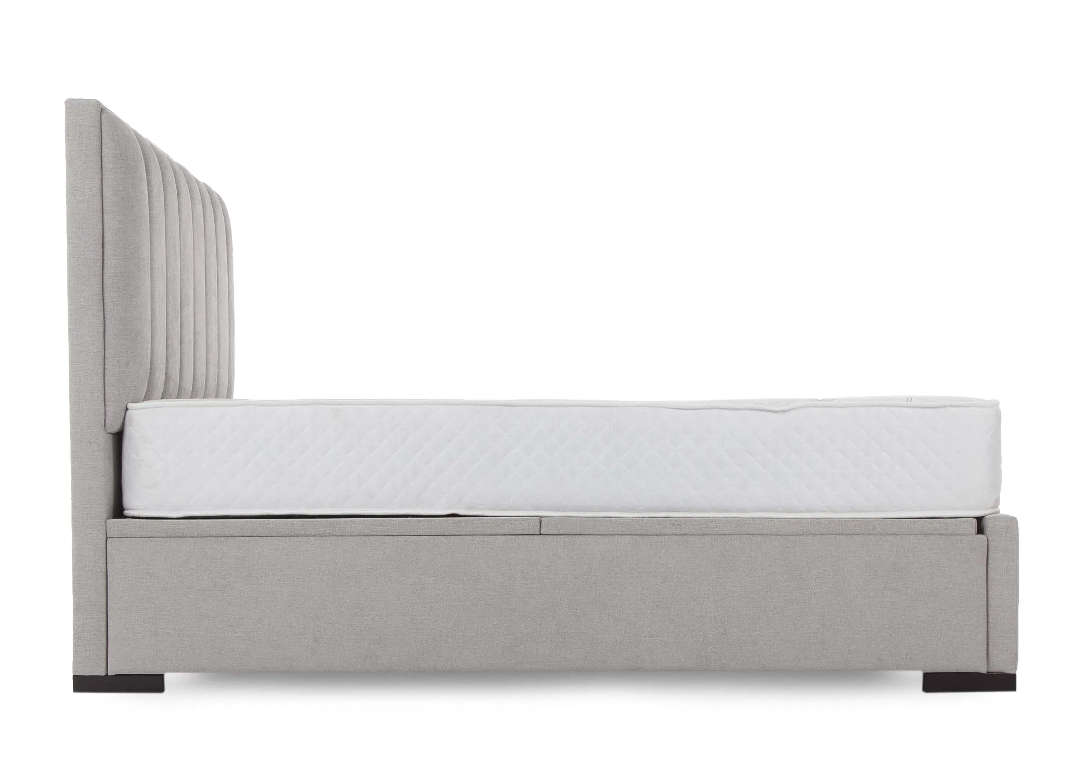 A light grey fabric 6ft ottoman bed frame from EZ Living Furniture's Liberty range. End view shows headboard & solid base