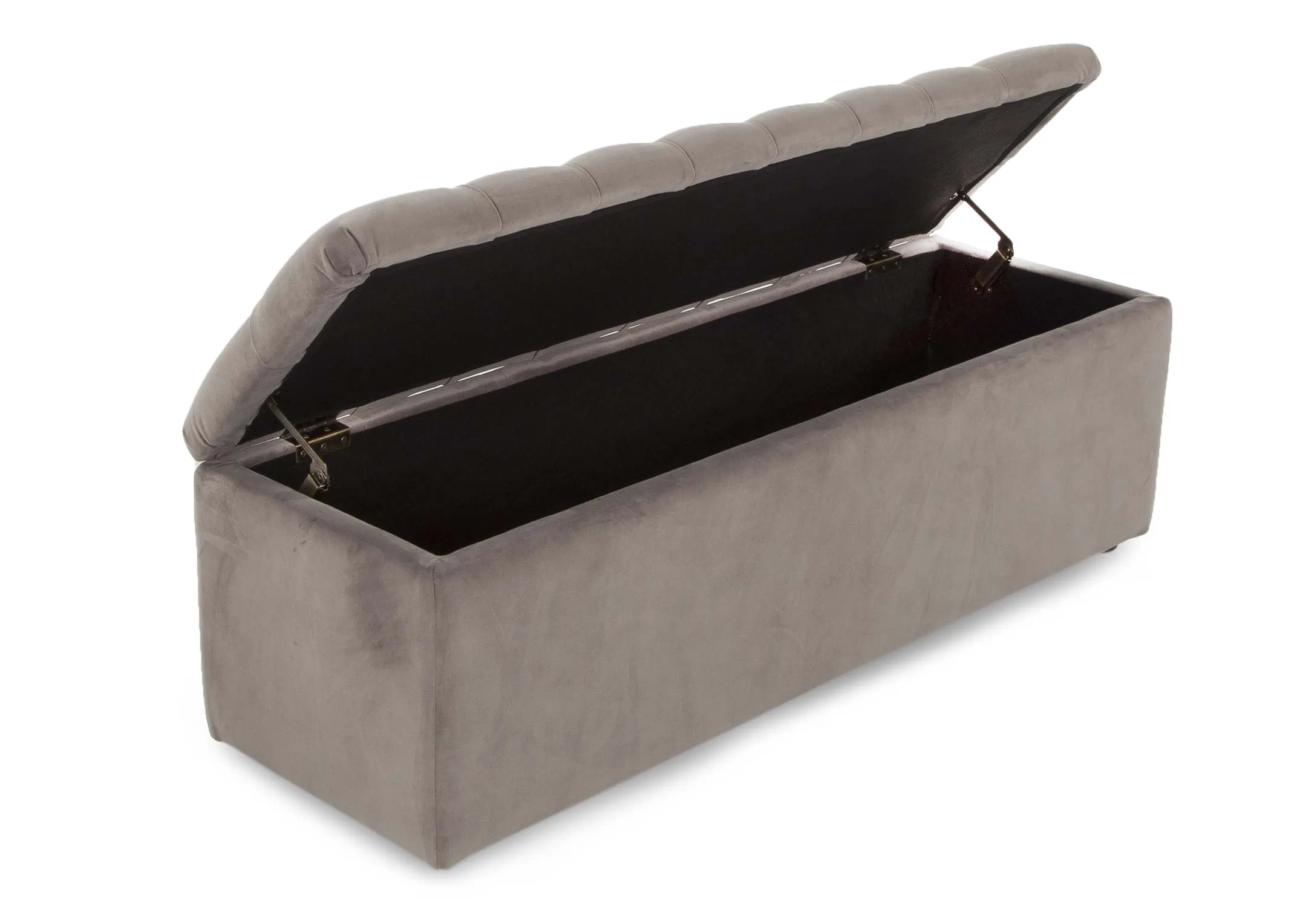 A taupe velvet blanket box with button detail lid/seat from EZ Living Furniture's Majestic range. Angled view of open box.
