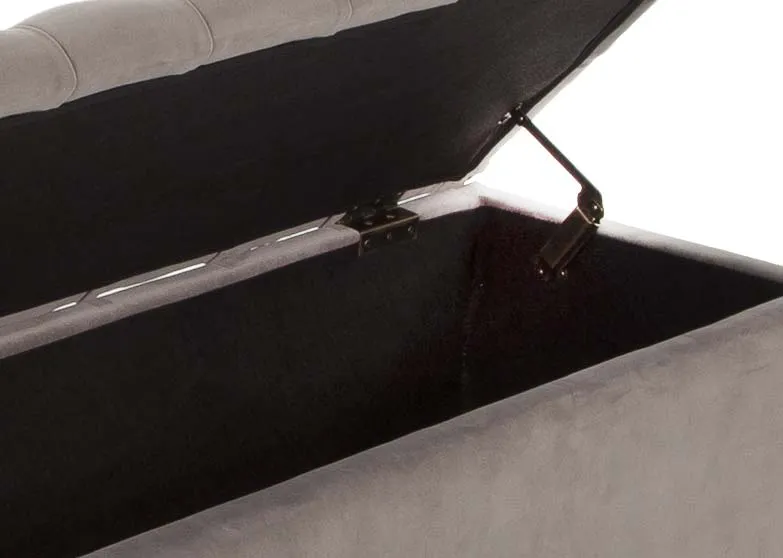 A taupe velvet blanket box with button detail lid/seat from EZ Living Furniture's Majestic range. Closeup of box hinge