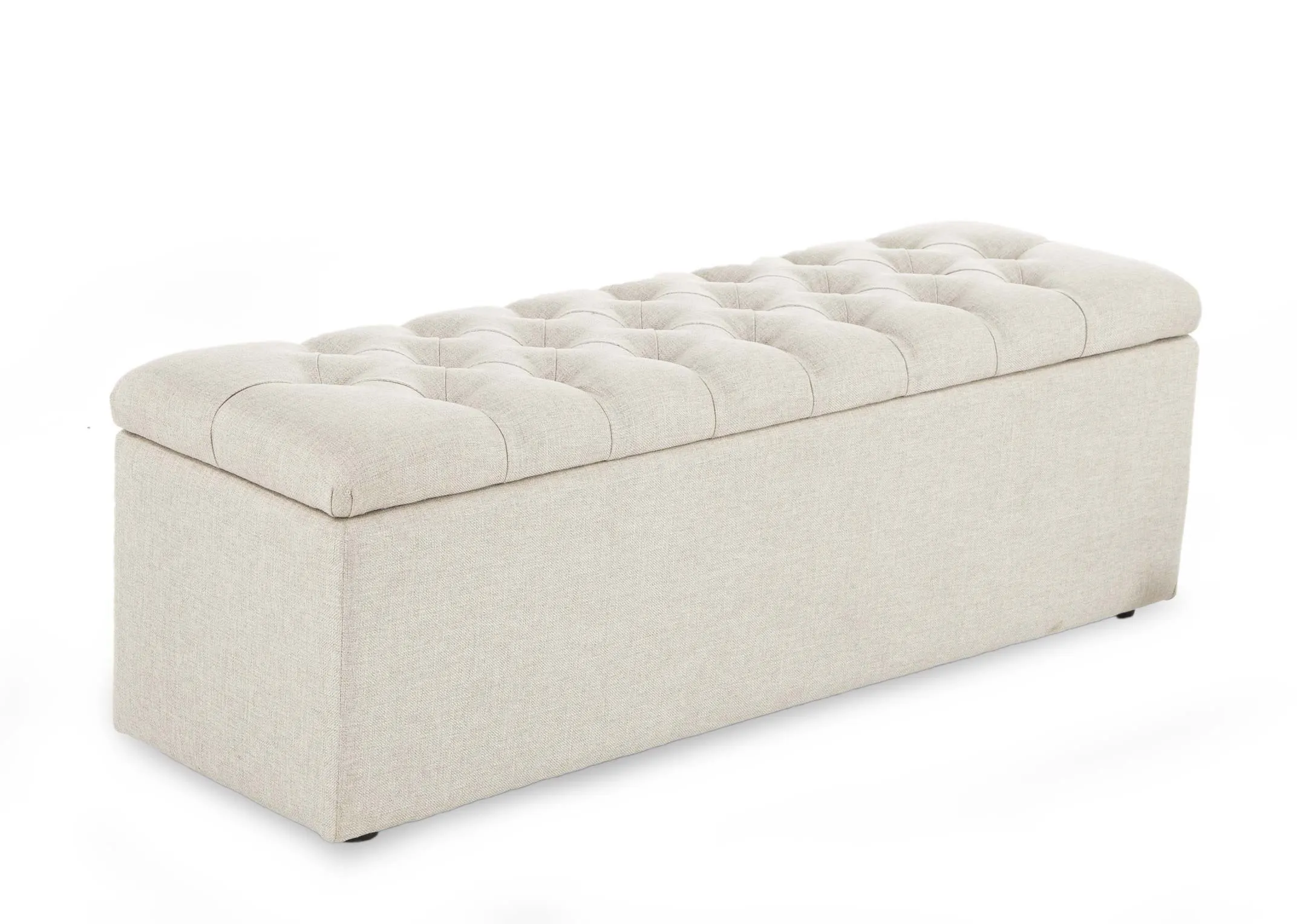 A beige linen fabric blanket box from EZ Living Furniture's Majestic range. Angled view.