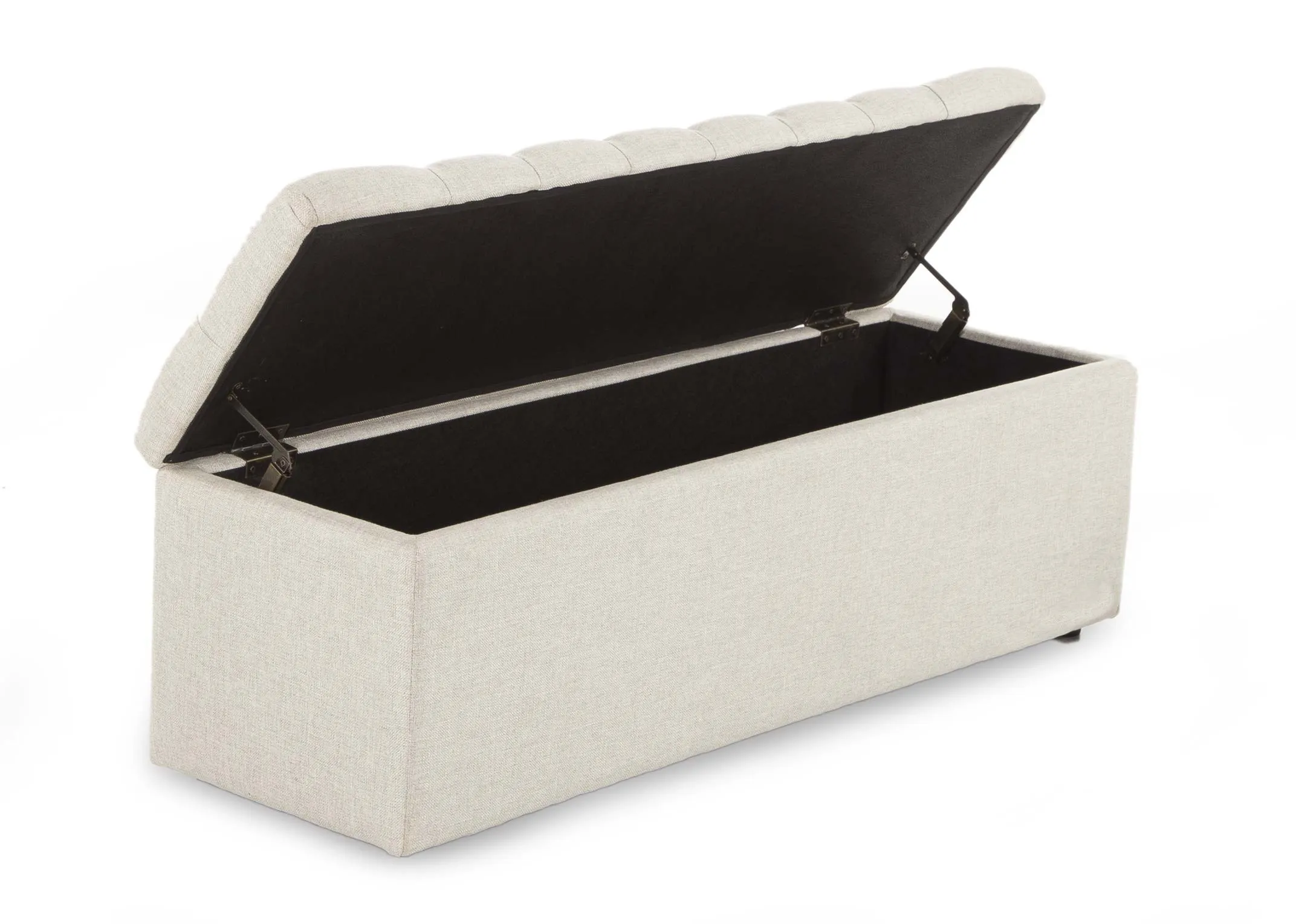 A beige fabric blanket box from EZ Living Furniture's Majestic range opened. Angled View.