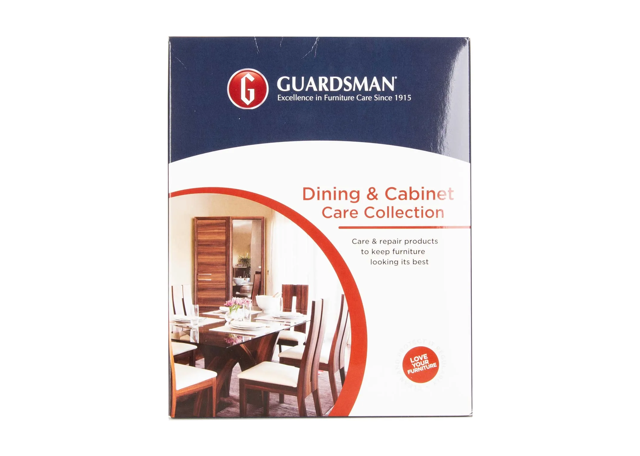 A dining & cabinet care collection kit from EZ Living's Guardsman range. Front view of box