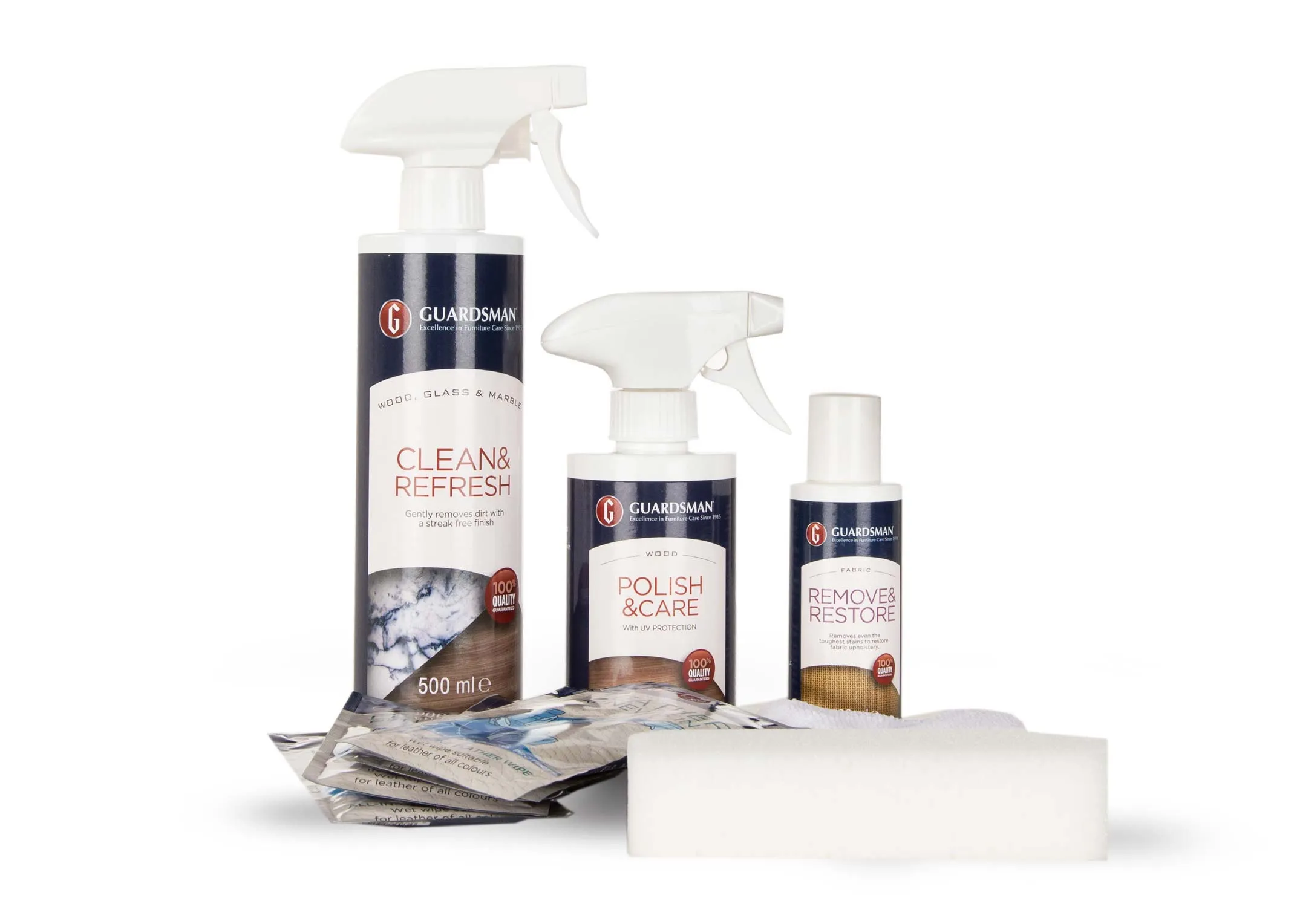 A dining & cabinet care collection kit from EZ Living's Guardsman range. View of items in box