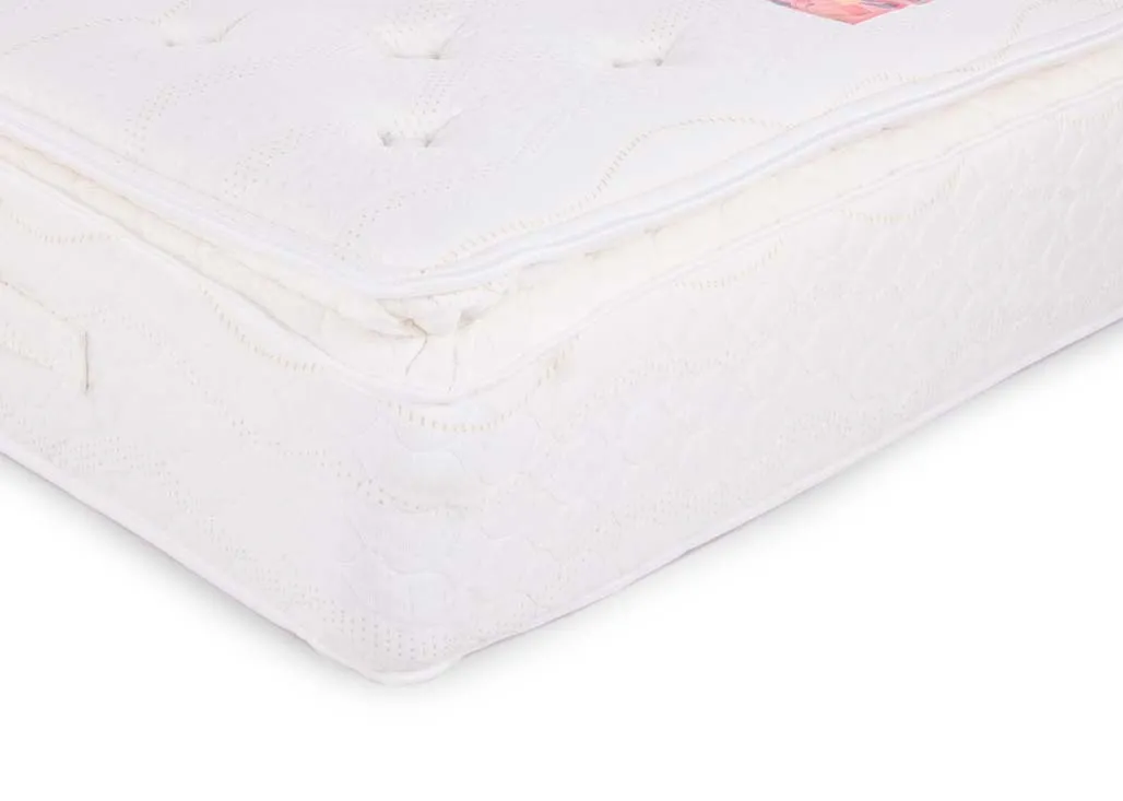 A small double 4ft pocket spring mattress from EZ Living Furniture's Tranquility Deluxe range. Closeup pf pillow top edge