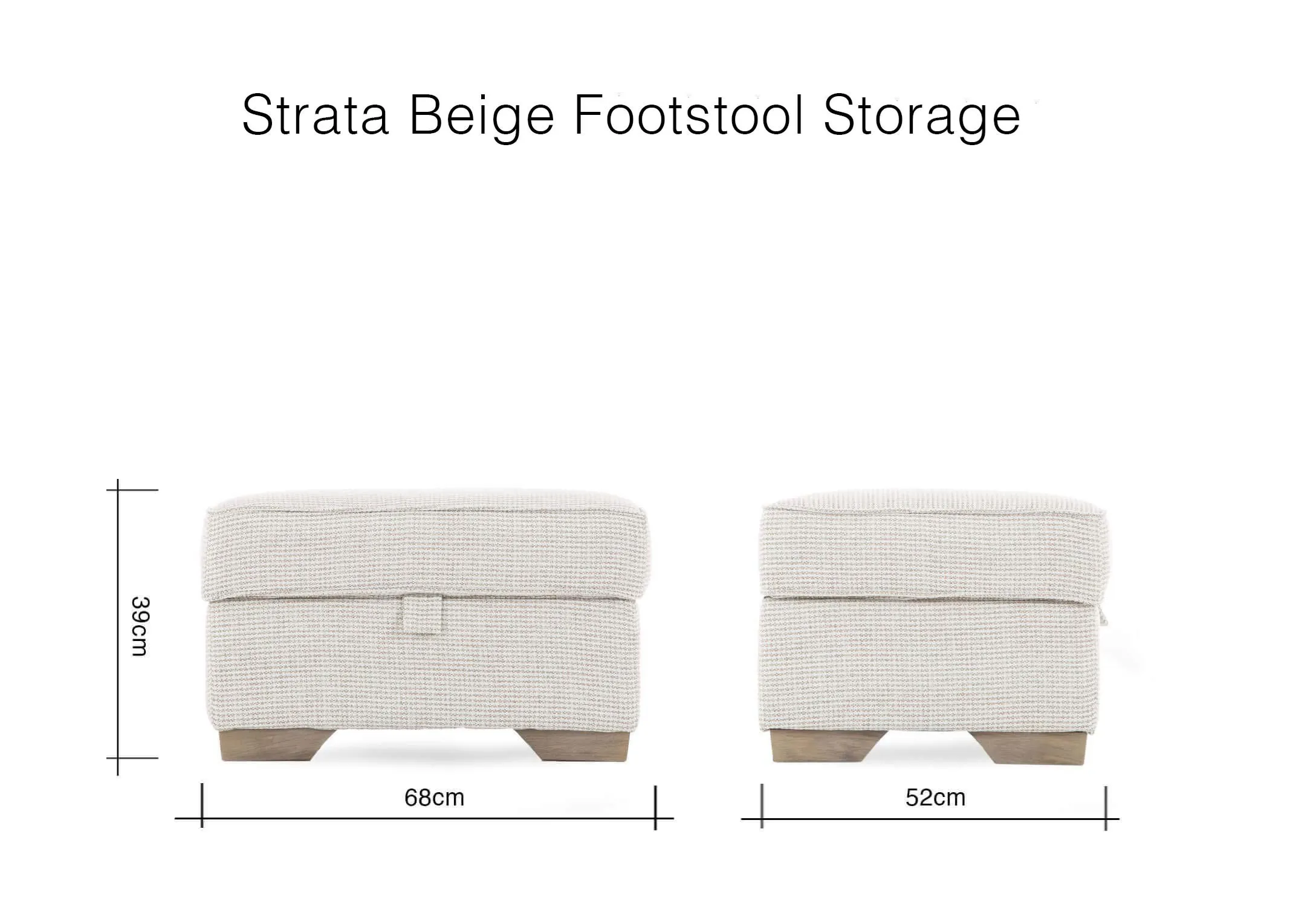 A dimension image of the Sadler Beige Footstool with 68cm (Width) x 39cm (Height) x 52cm (Depth)