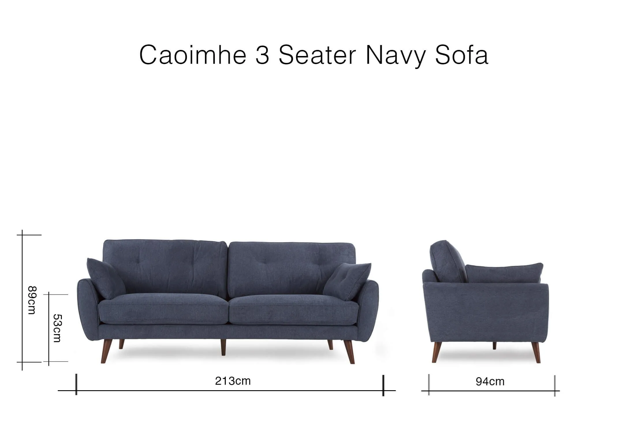 A dimension image of the Caoimhe 3 Seater Navy Sofa with 213cm (Width) x 89cm (Height) x 94cm (Depth)