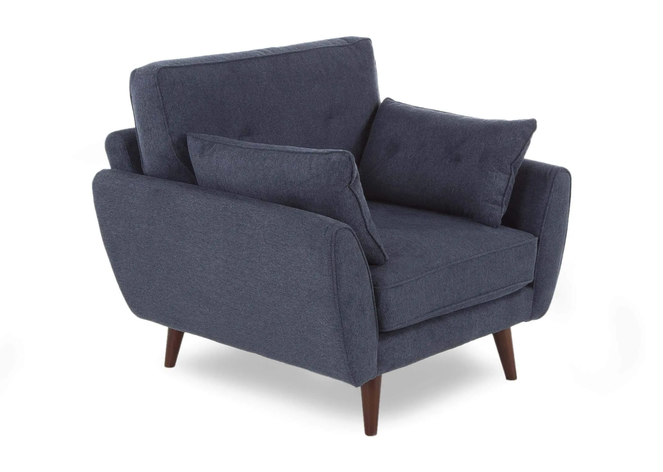 Caoimhe Navy Fabric Armchair in a power image taken from an angle showing the dark wood feet