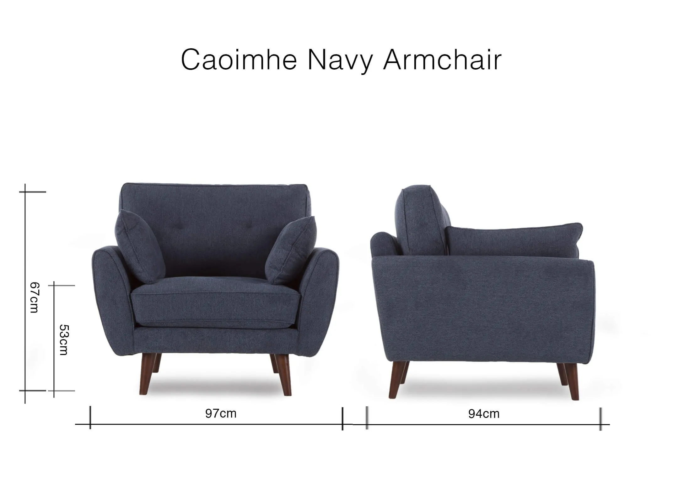 A dimension image of the Caoimhe Navy Fabric Armchair with 97cm (Width) x 67cm (Height) x 94cm (Depth)