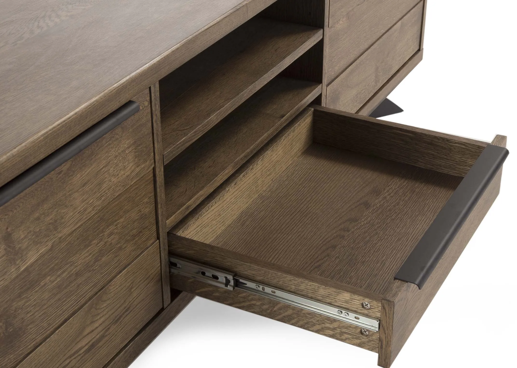 Smoked Oak TV Unit from EZ Living Furnitures Arno range. Closeup drawer open.