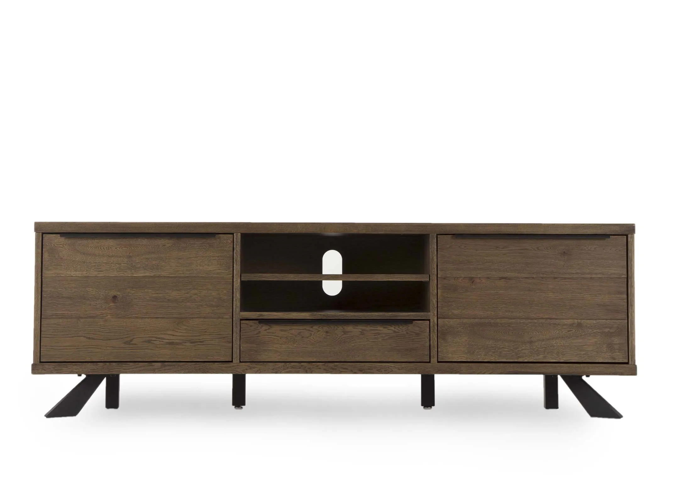 Smoked Oak TV Unit from EZ Living Furnitures Arno range. Front view showing 2 doors and 2 of 6 shelves