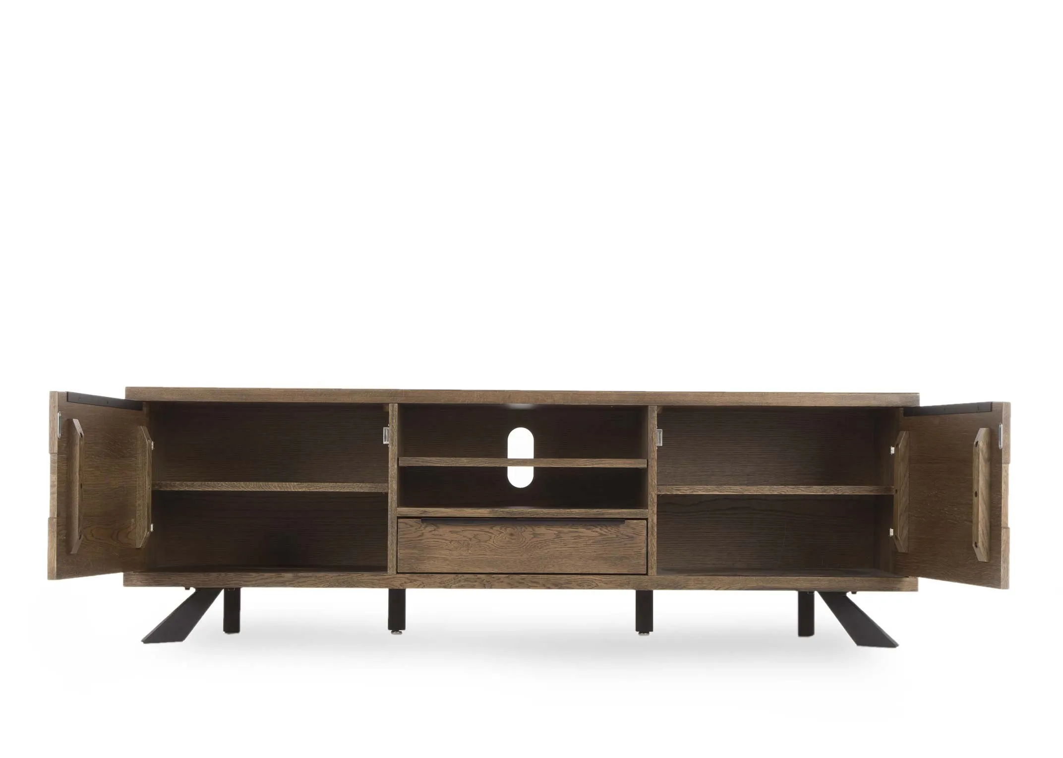 Smoked Oak TV Unit from EZ Living Furnitures Arno range. Front view showing 2 doors and 6 shelves.