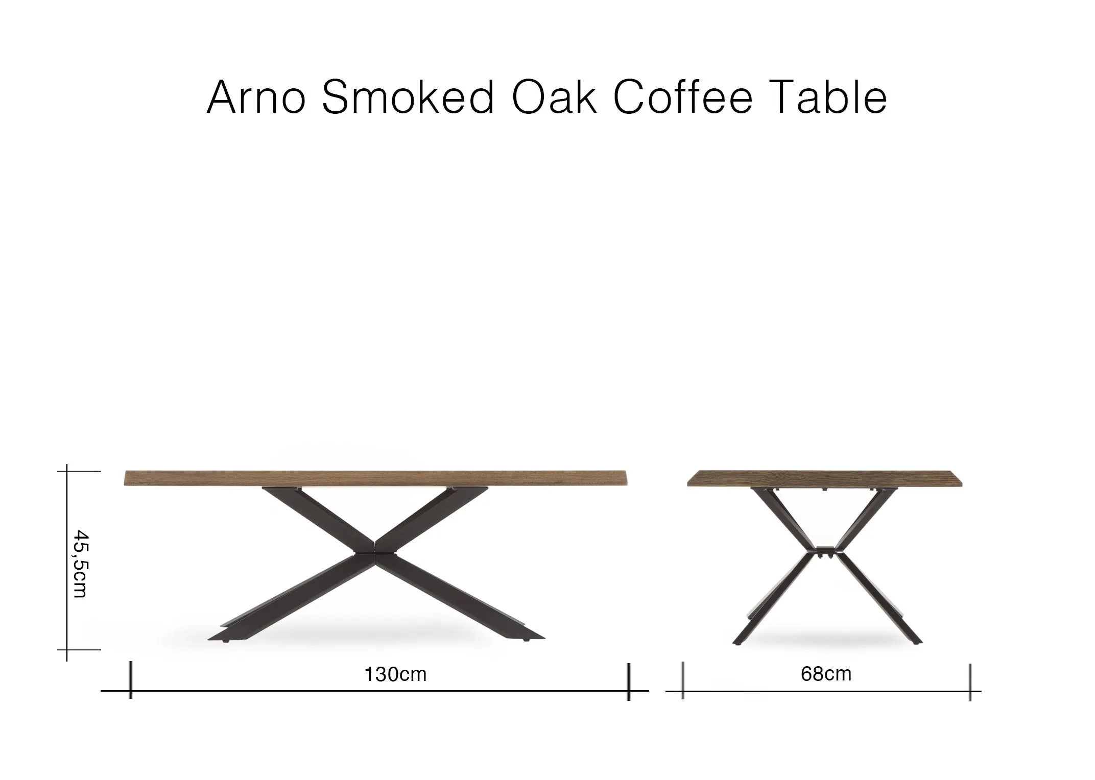 A dimension image of the Arno Smoked Oak Coffee table with 130cm (Width) x 5.5cm (Height) x 68cm (Depth)