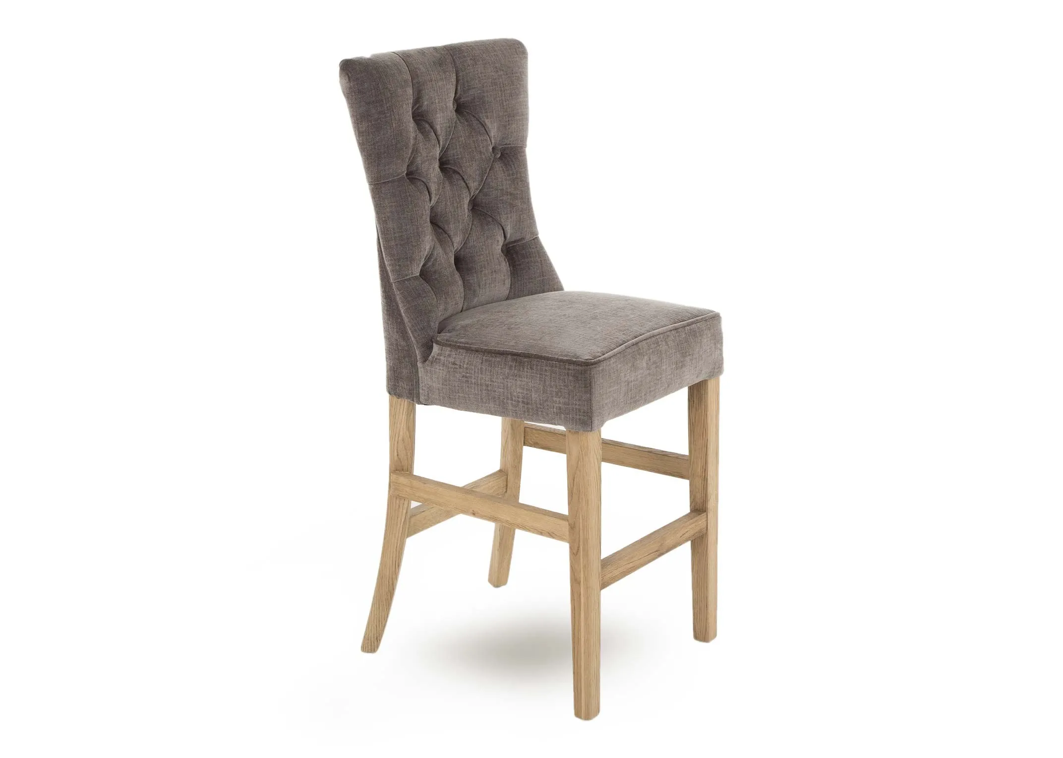 A counter stool with grey fabric & light oak legs from EZ Living Furniture's Clara range. Angled view.