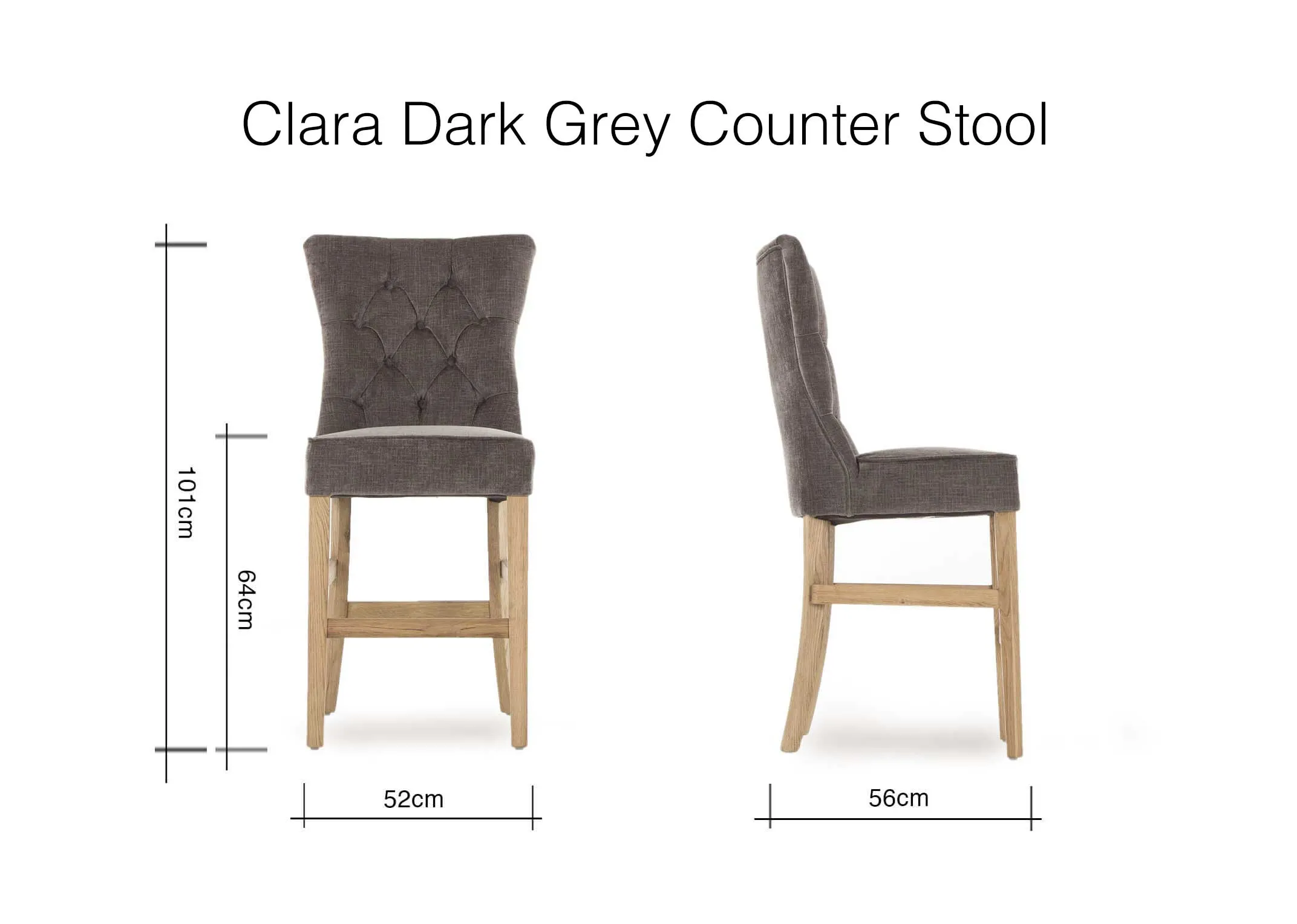 A dimension image fr the grey Clara counter stool with light legs 101cm (Height) x 52cm (Width) x 56cm (Depth)