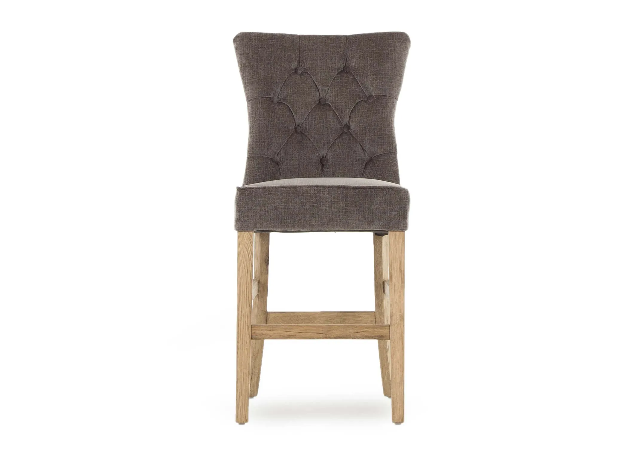 A counter stool with grey fabric & light oak legs from EZ Living Furniture's Clara range. Front view.