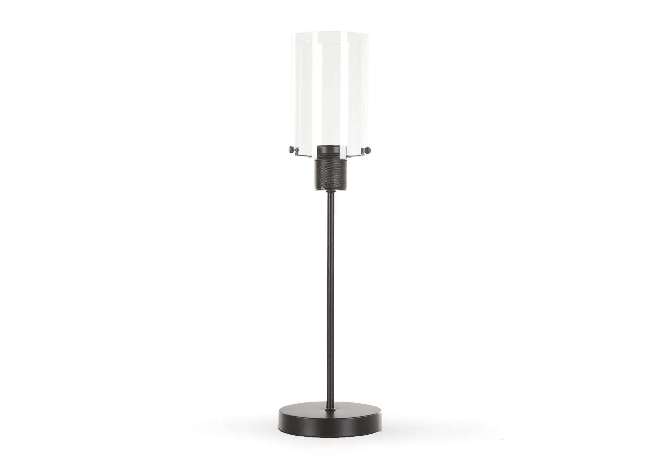 An industrial style table lamp in matt black with glass shade from EZ Living Furniture's Karina range. Angled view.