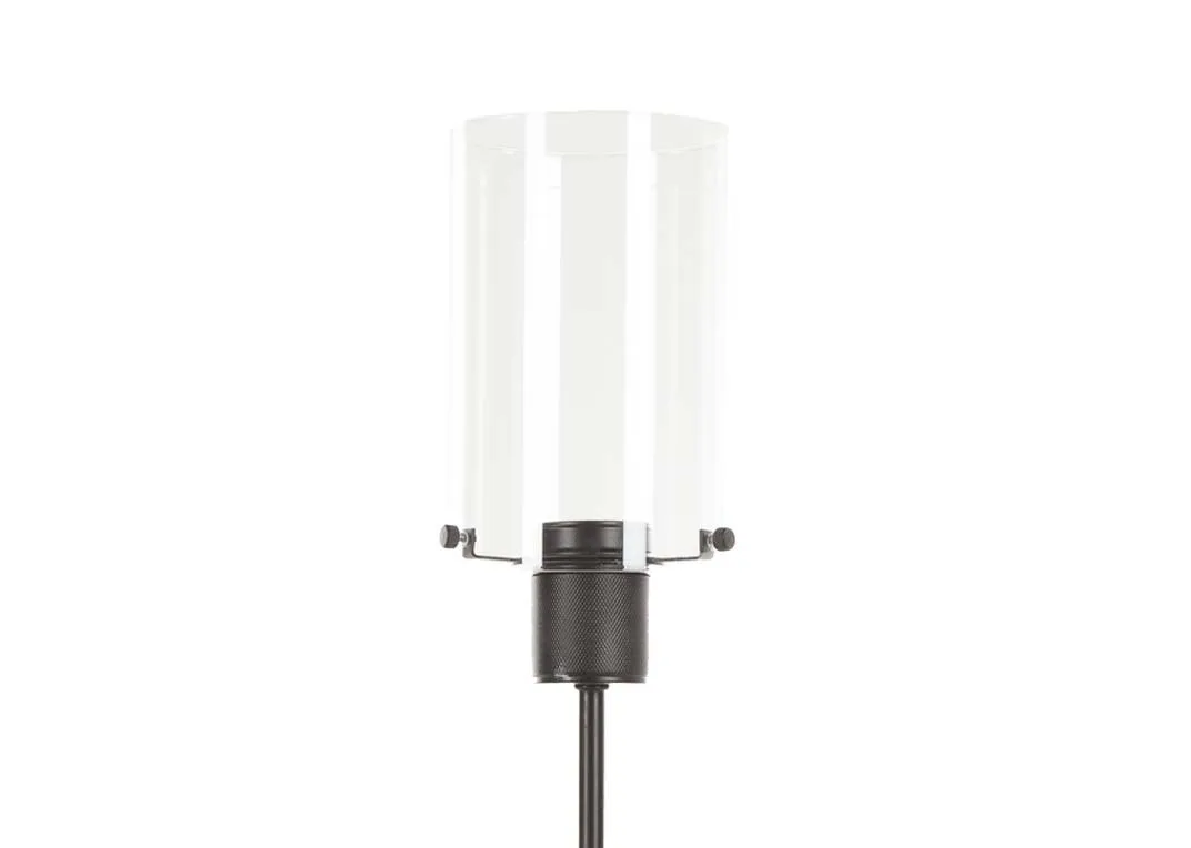 An industrial style table lamp in matt black with glass shade from EZ Living Furniture's Karina range. Closeup shade