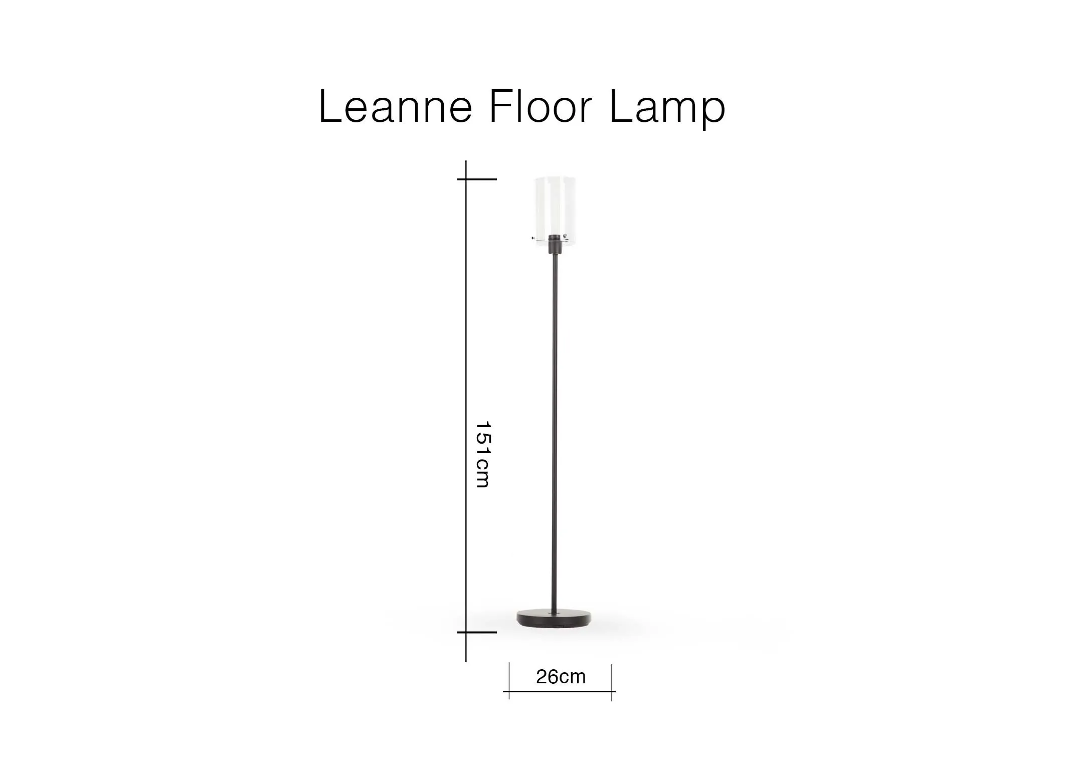 A dimension image for the Leanne Matt black floor lamp with 26cm (Width) x 151cm (Height)