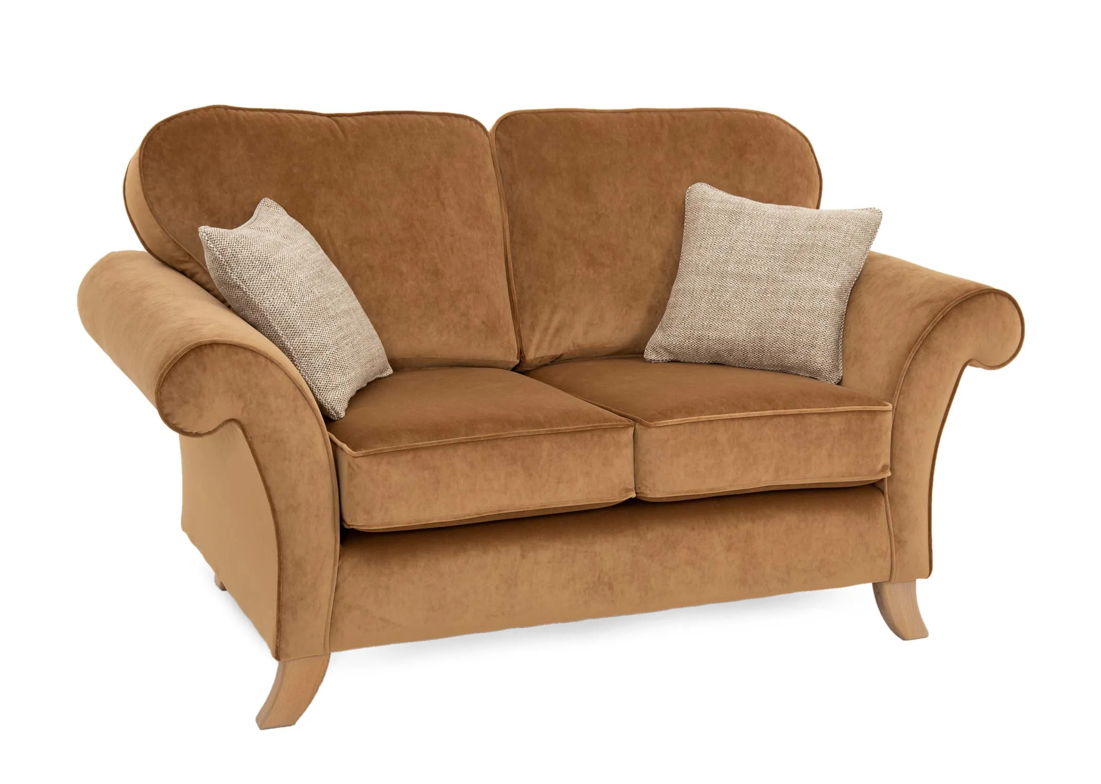 A 2 seater gold velvet sofa from EZ Livings Lauren range. Angled view of curved sides and 2 cream cushions.