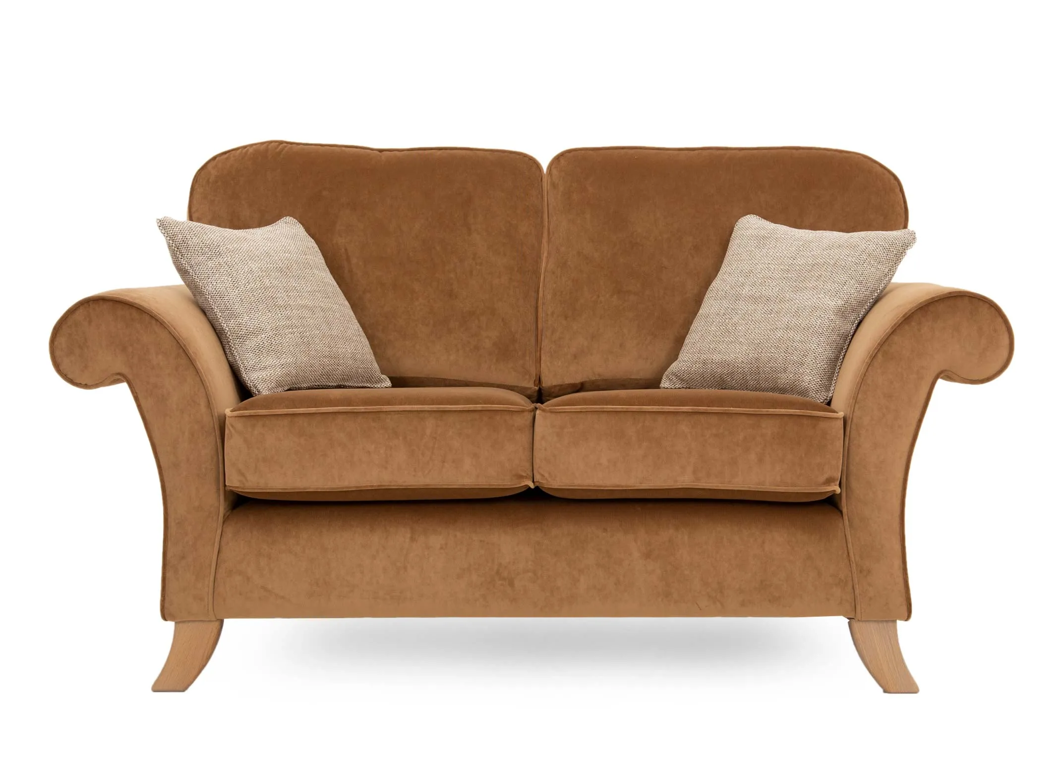 A 2 seater gold velvet sofa from EZ Livings Lauren range. Front view of curved wood feet and armrests