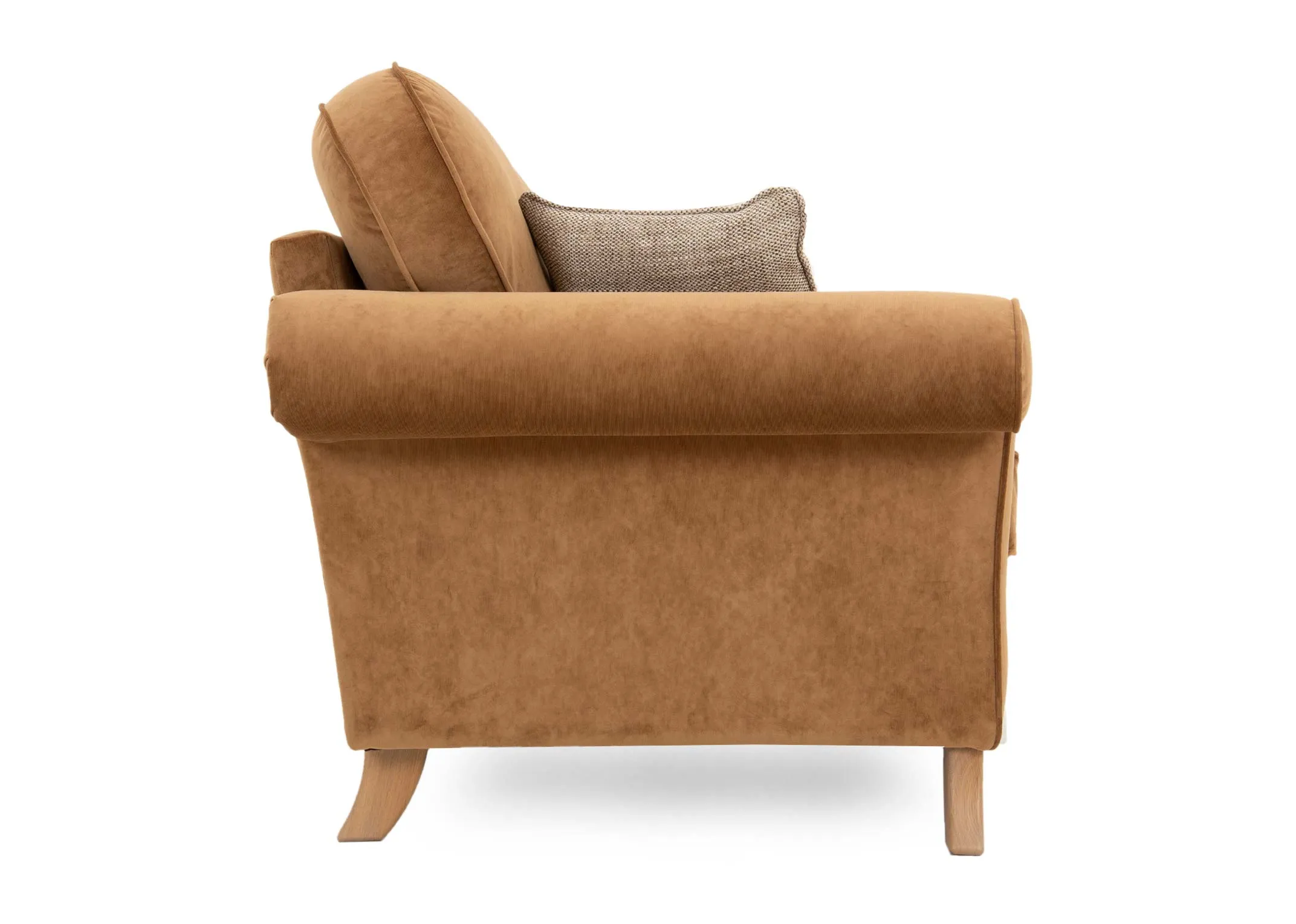 A 2 seater gold velvet sofa from EZ Livings Lauren range. Side view of padded armrests