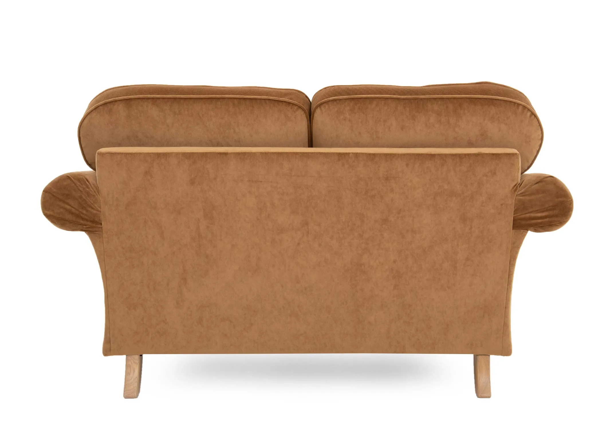 A 2 seater gold velvet sofa from EZ Livings Lauren range. Back view of solid frame