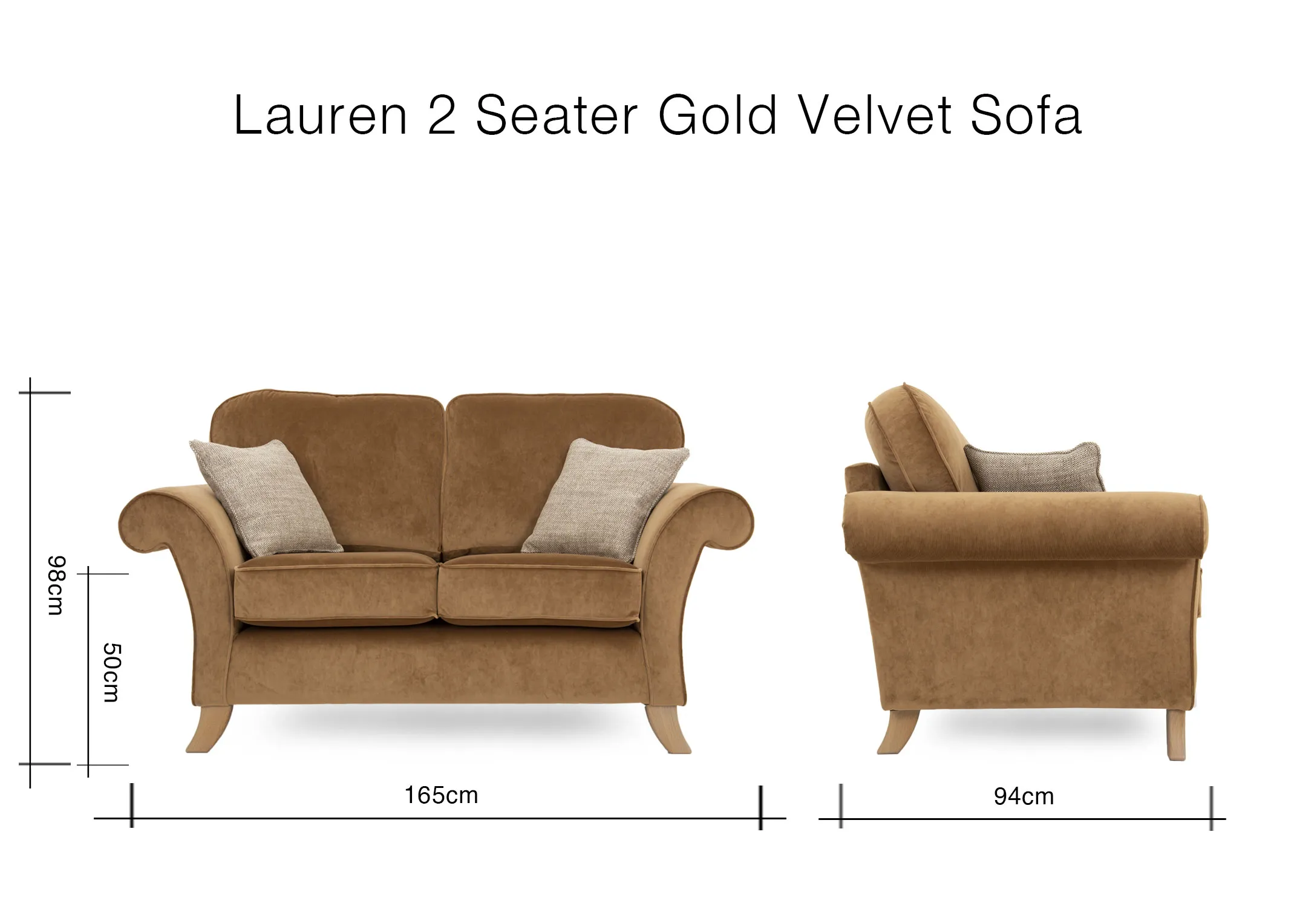 A dimension image of the Lauren 2 Seater with 185cm x 81cm x 98cm 
