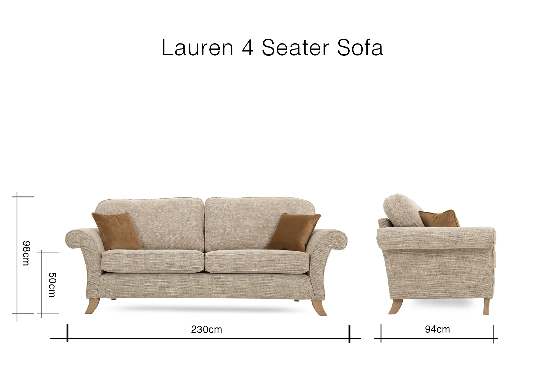 A dimension image of the Lauren Beige 4 seater with 230cm x 94cm x 98cm