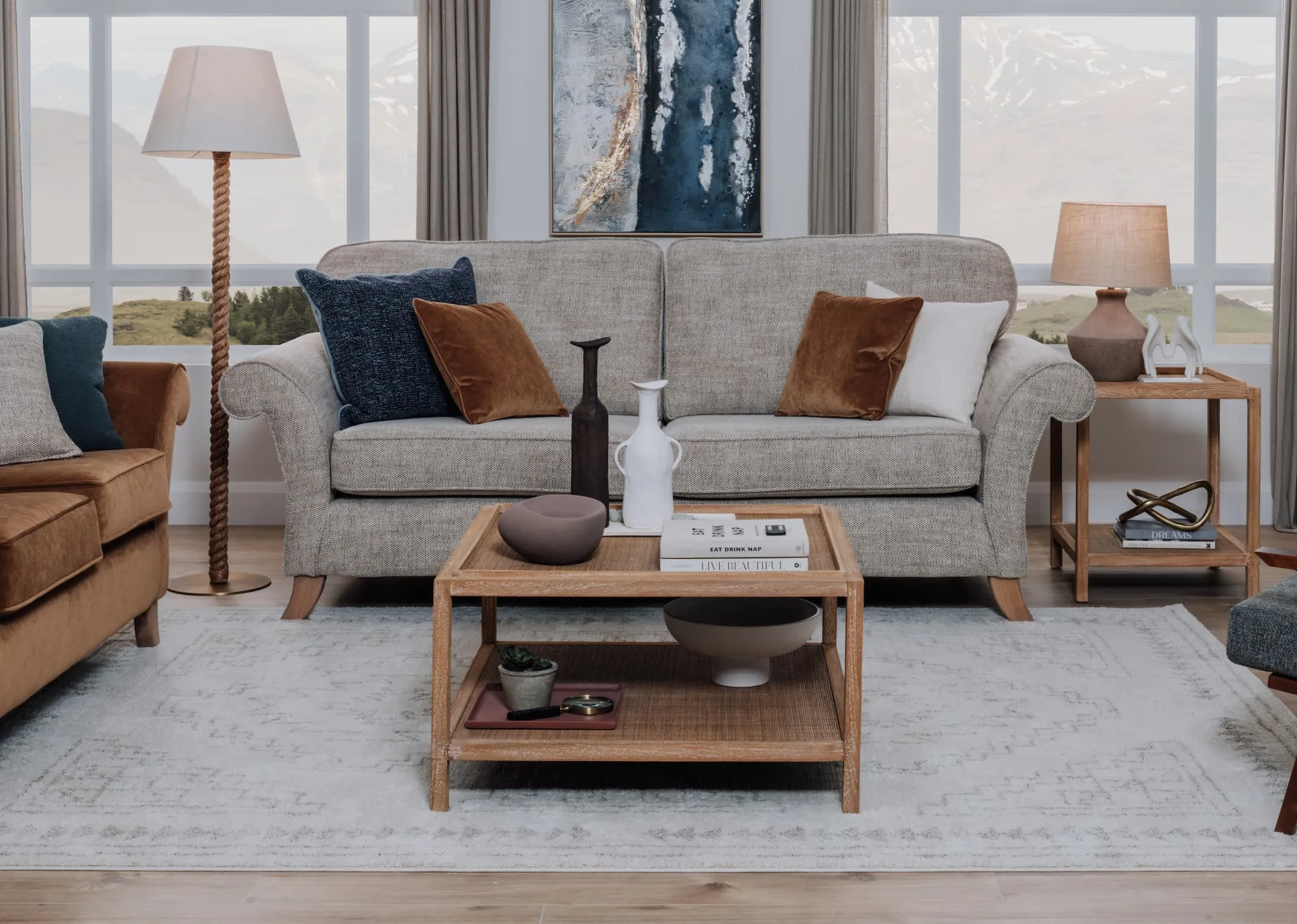 4 Seater Beige Fabric Foam Highback Sofa - Lauren