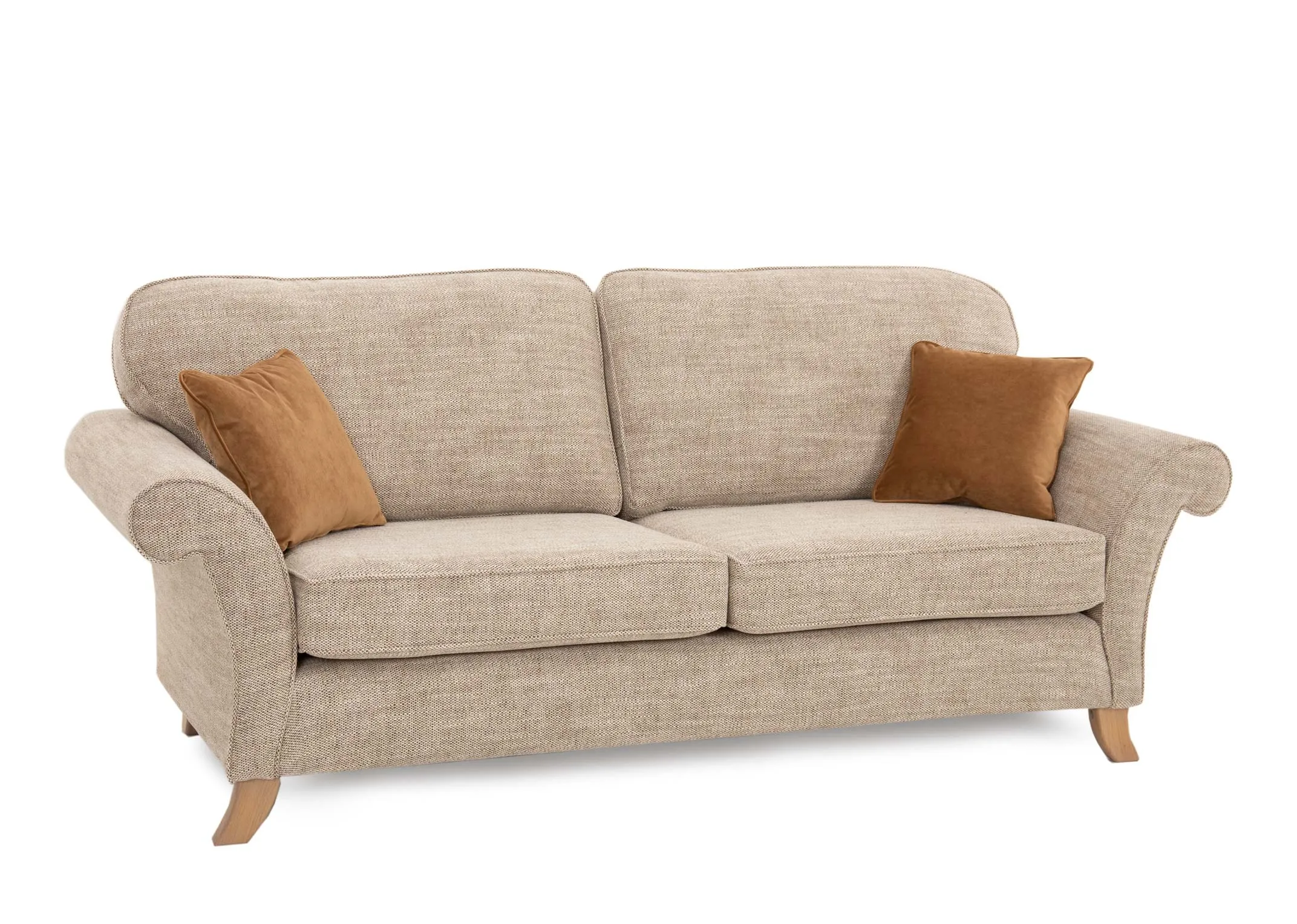 A 4 seater cream fabric sofa from EZ Livings Lauren range. Angled view of curved sides and 2 gold cushions.