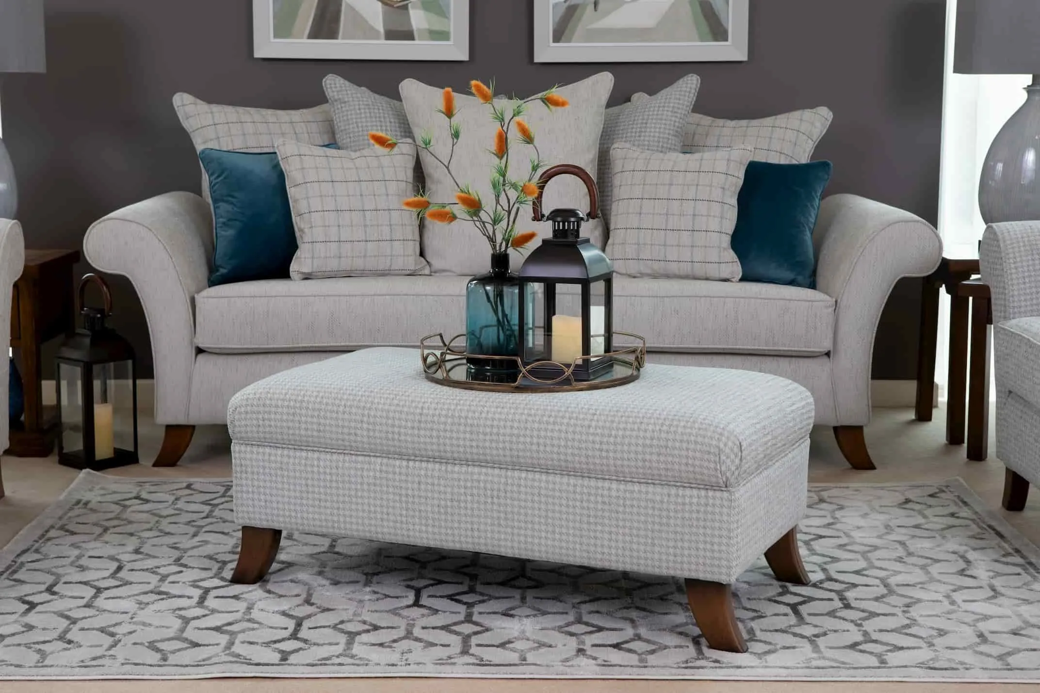 Grey & White Fabric Accent Footstool - Lauren