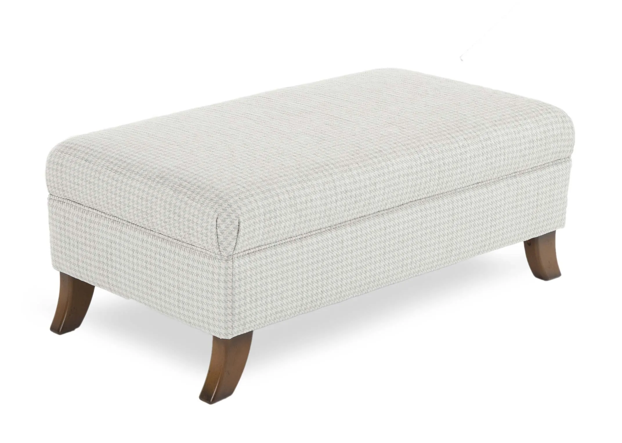Lauren Grey & White Fabric Accent Footstool in a power image showing the subtle check print & the antique wood feet