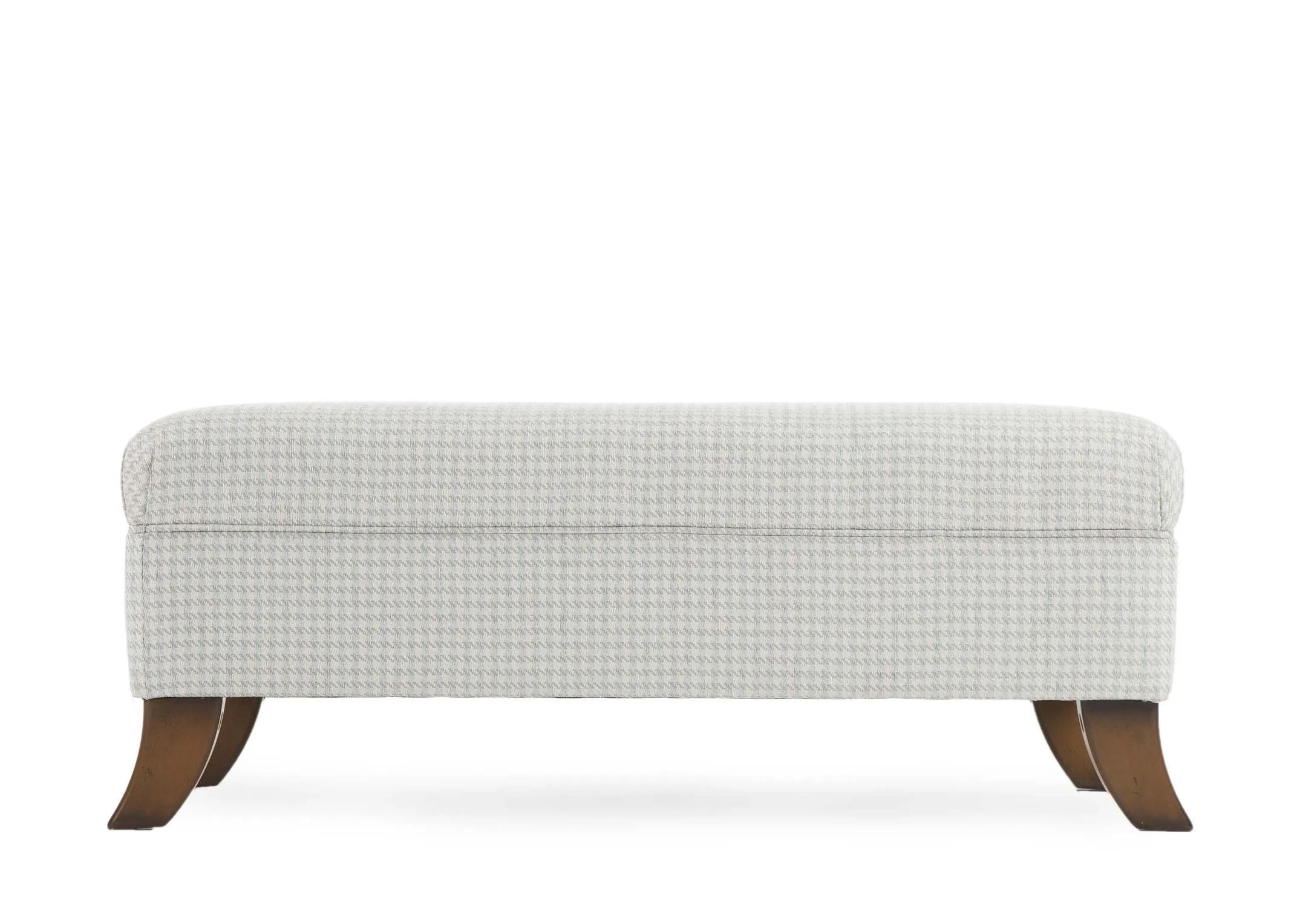 Lauren Grey & White Fabric Accent Footstool in an image taken from the showing the subtle check print & the antique wood feet