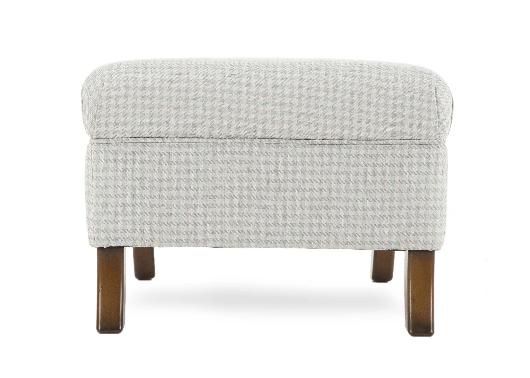 Lauren Grey & White Fabric Accent Footstool in an image taken from the side with subtle check print & the antique wood feet